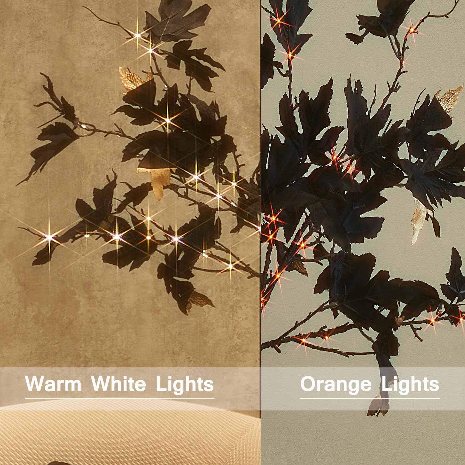 Hairui Lighted Black Maple Garland With Timer 48 Led Orange And Warm White Fairy Lights, Halloween Garland With Lights 6Ft Battery Operated With 10 Functions For Fireplace Table Halloween Decoration