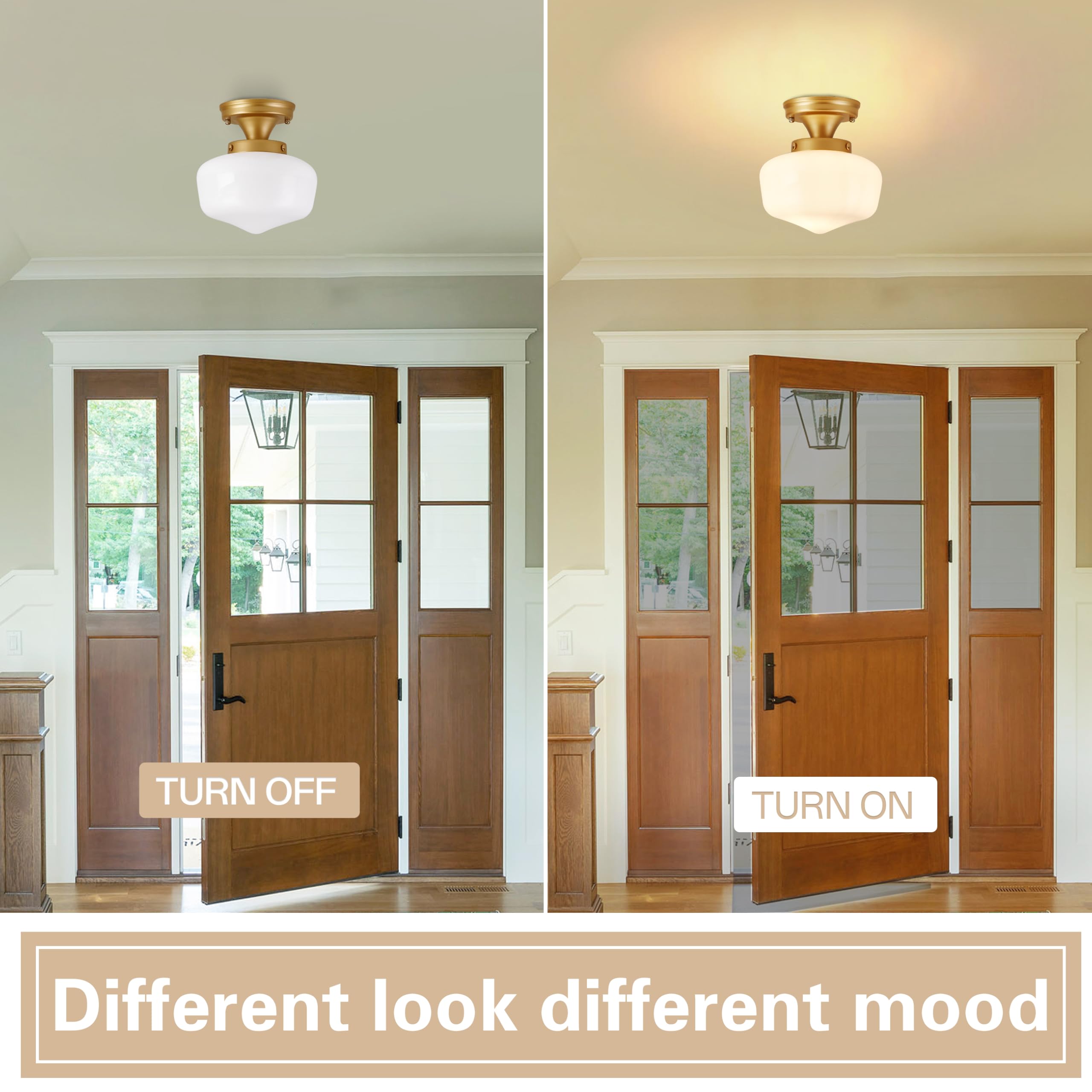 AyshwillDec Brass Ceiling Light Fixture, 8in Mid Century Design, Milk Glass, Semi Flush Mount, 8 Inch Gold, Model: meishi-210