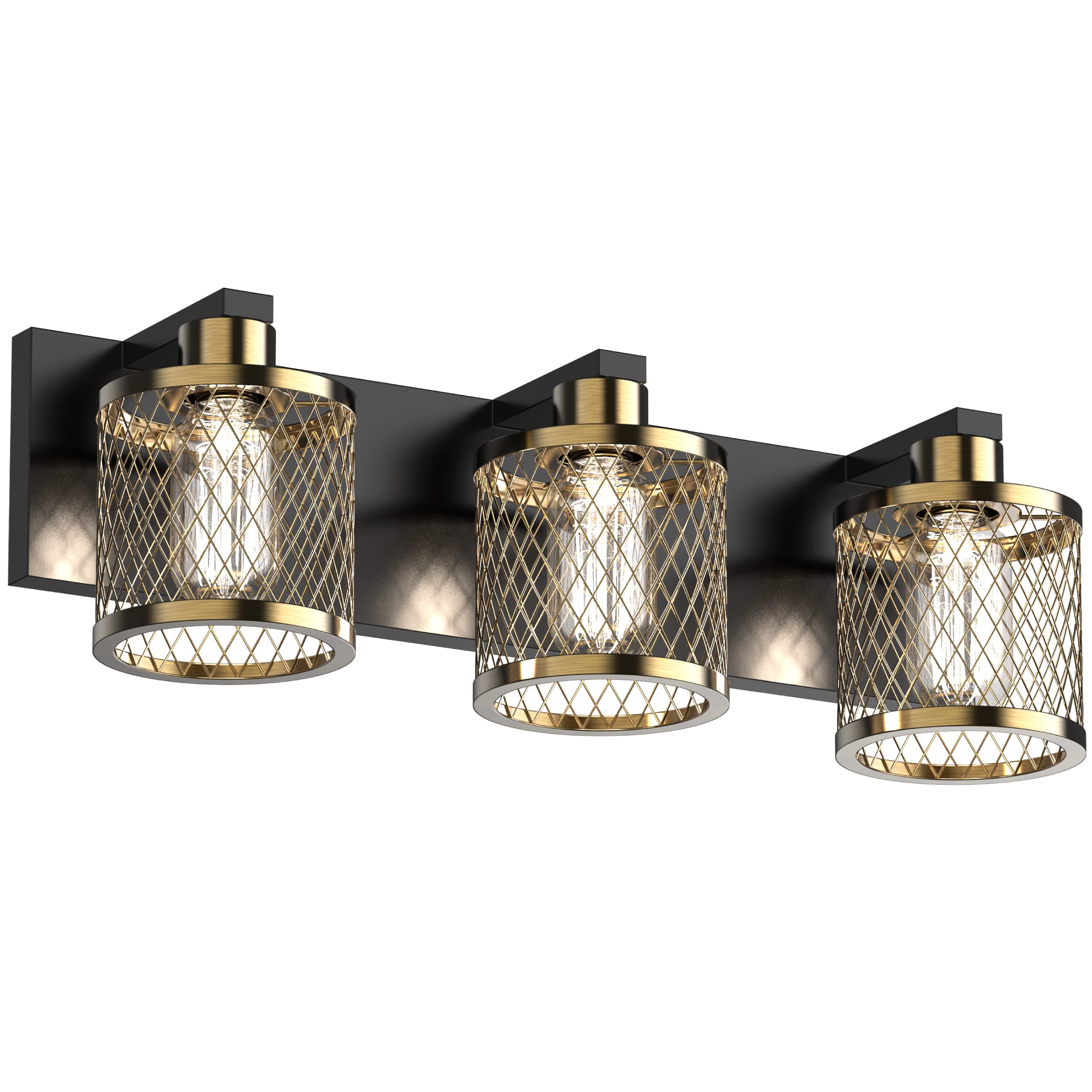 Phixart Bathroom Light Fixtures, 3 Lights Bathroom Lighting Fixtures Over Mirror 20 Inch, Black And Gold Vanity Light, Vintage Meshy Lantern Design E26 Base Socket