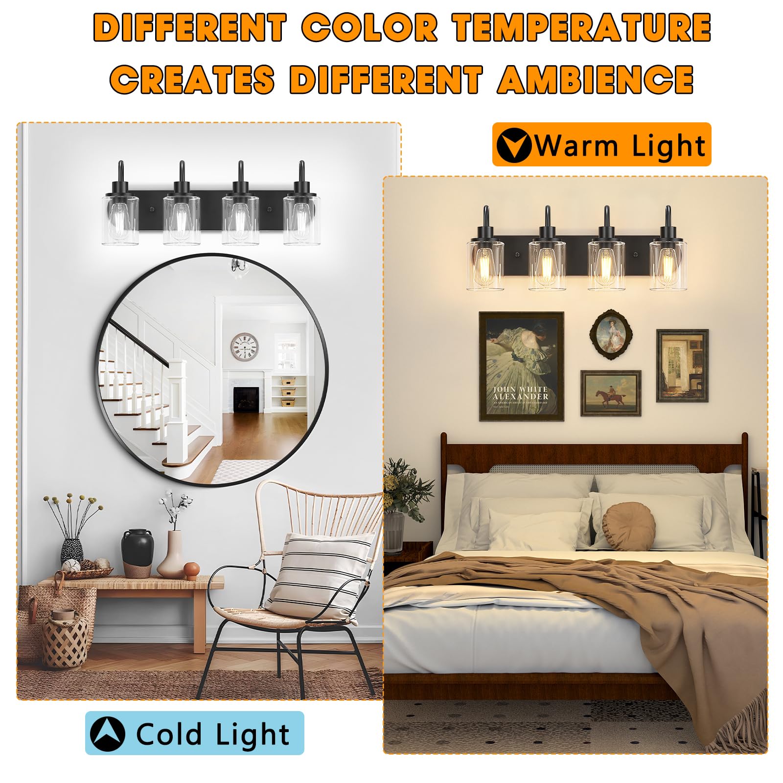 Baocuz 4-Light Vanity Lights For Bathroom, Modern Black Bathroom Light Fixtures Over Mirror, 23.6 Inch Bathroom Wall Sconces For