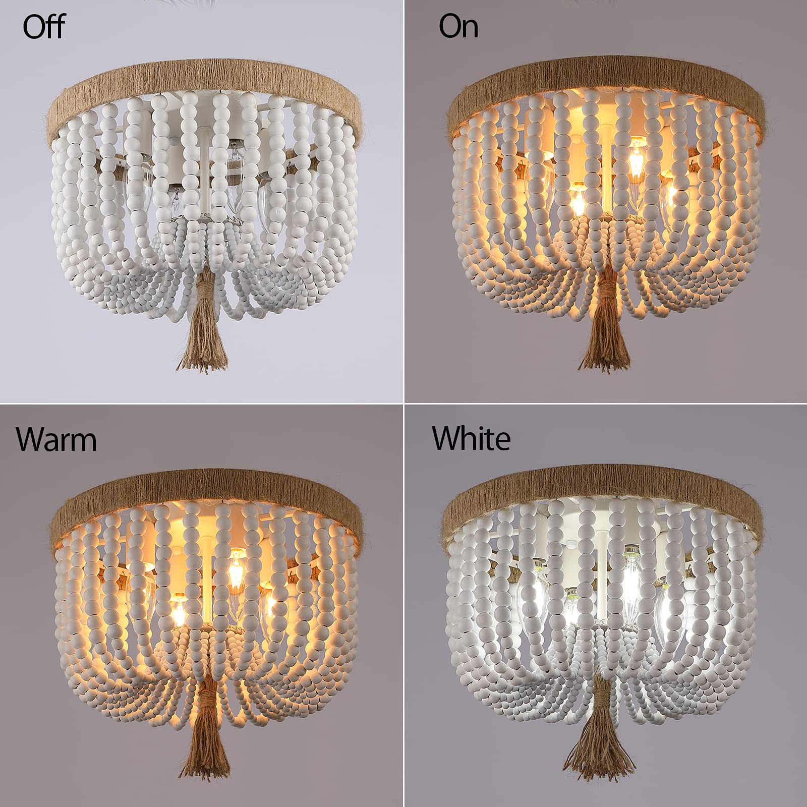 Kaerdi Beaded Light Fixture Flush Mount Ceiling Light White Bohemia Antique Farmhouse Wood Boho Chandelier For Kitchen Island Be