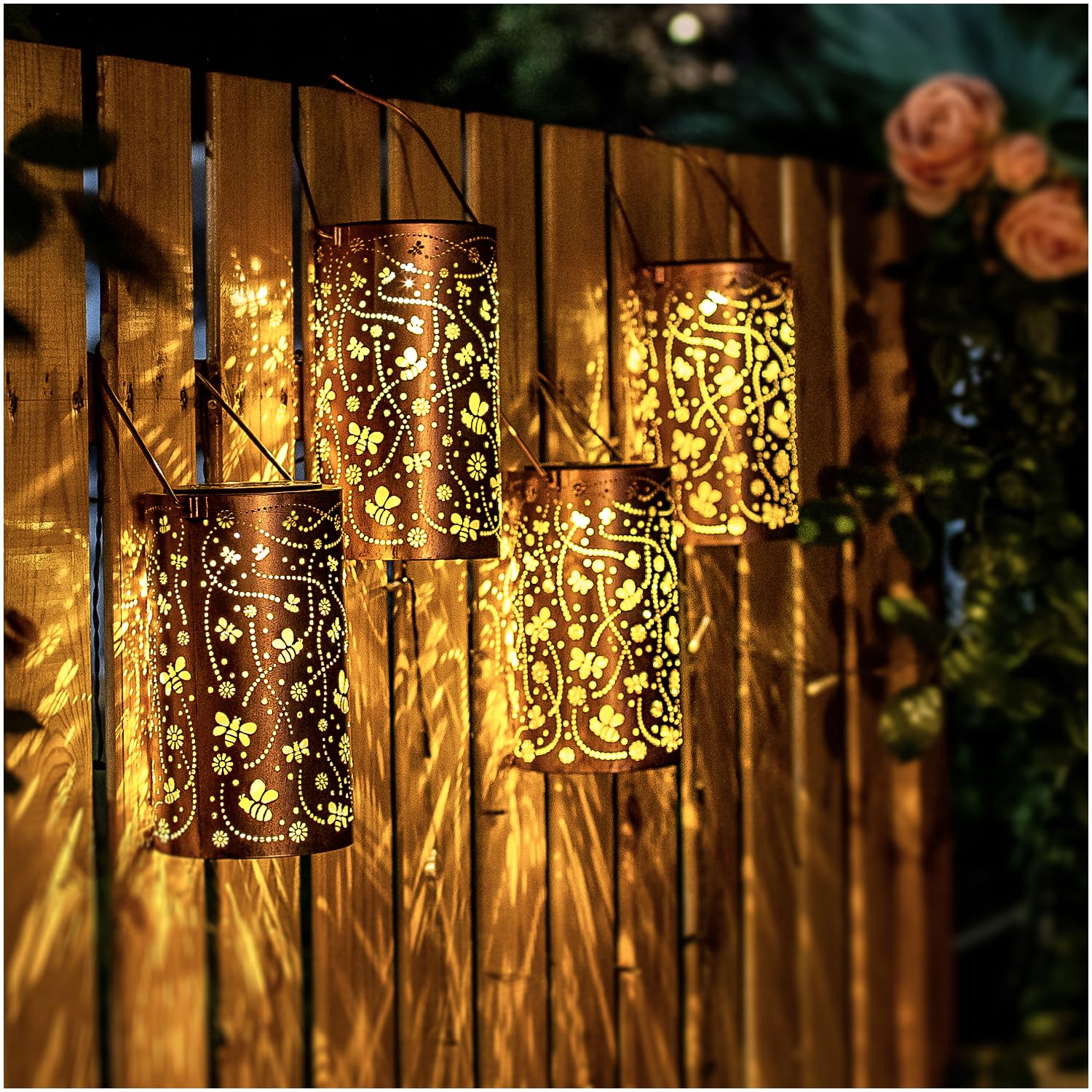 2 Pack Bee Solar Lanterns Outdoor Waterproof Hanging Solar Lights Bee Gifts For Women Men Metal Decorative Led Bee Lanterns For