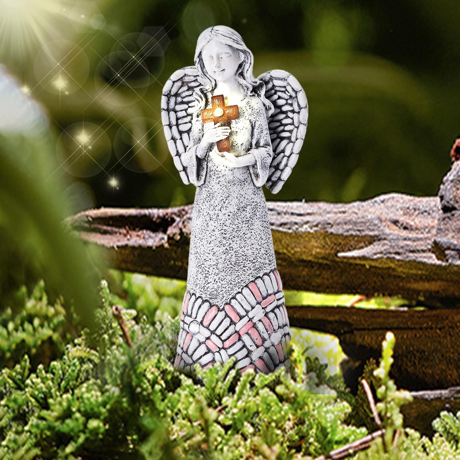 Yiosax Angel Garden Statue - Outdoor Solar Decor, Resin, 10.24 Inch, Cross Praying Angel for Cemetery Backyard Lawn Decoration