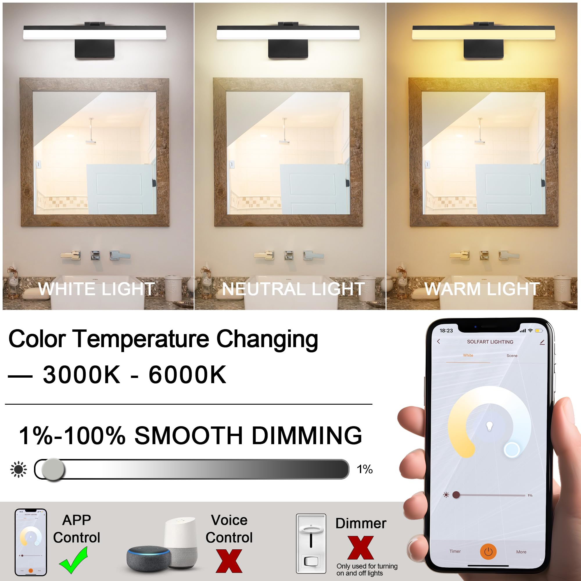 SOLFART 18 Inch LED Vanity Light Over Mirror Black Aluminum Adjustable Brightness Model 8778-457mm-6000K-APP Remote Control