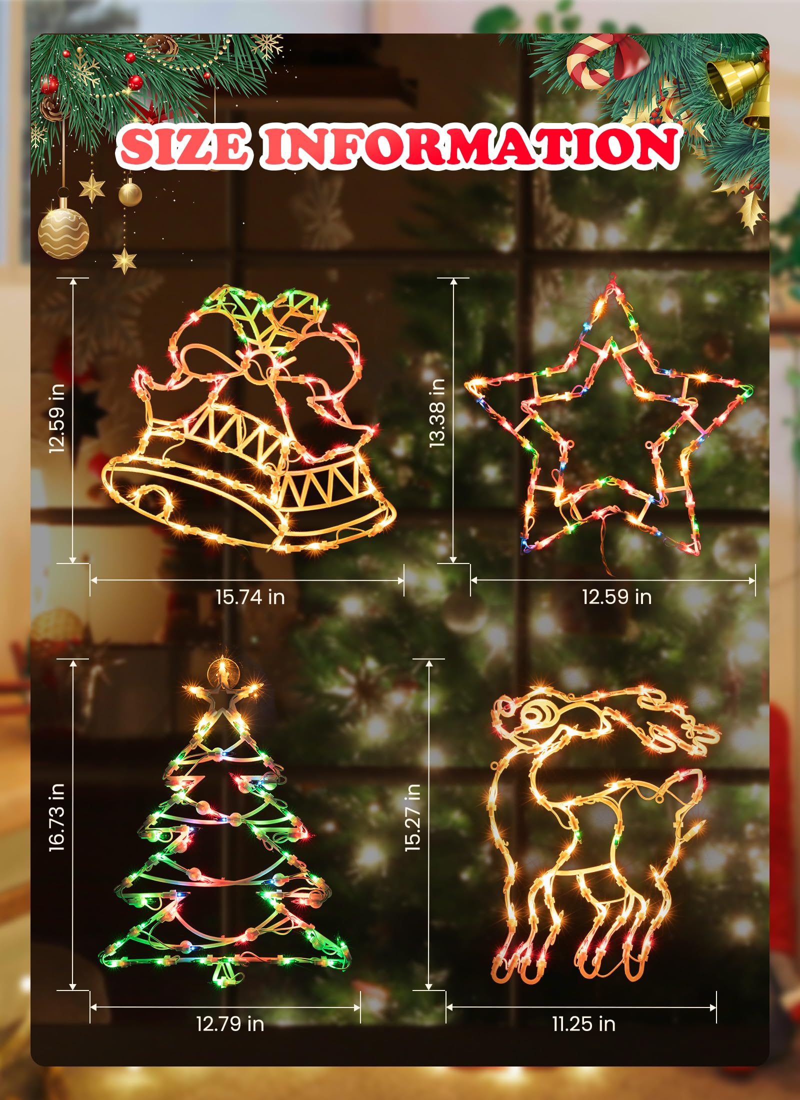 Minetom Christmas Window Silhouette Lights - 4-Pack Decor with White Lighted Deer, Trees, Bell, Star - Model 39134