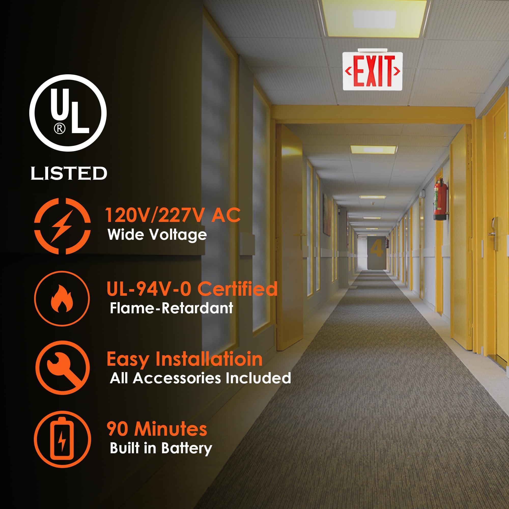 Gruenlich Led Exit Sign, Emergency Light With Double Face And Back Up Batteries- Us Standard Red Letter Exit, Ul 924 Qualified, 120/277 Voltage, 4-Pack