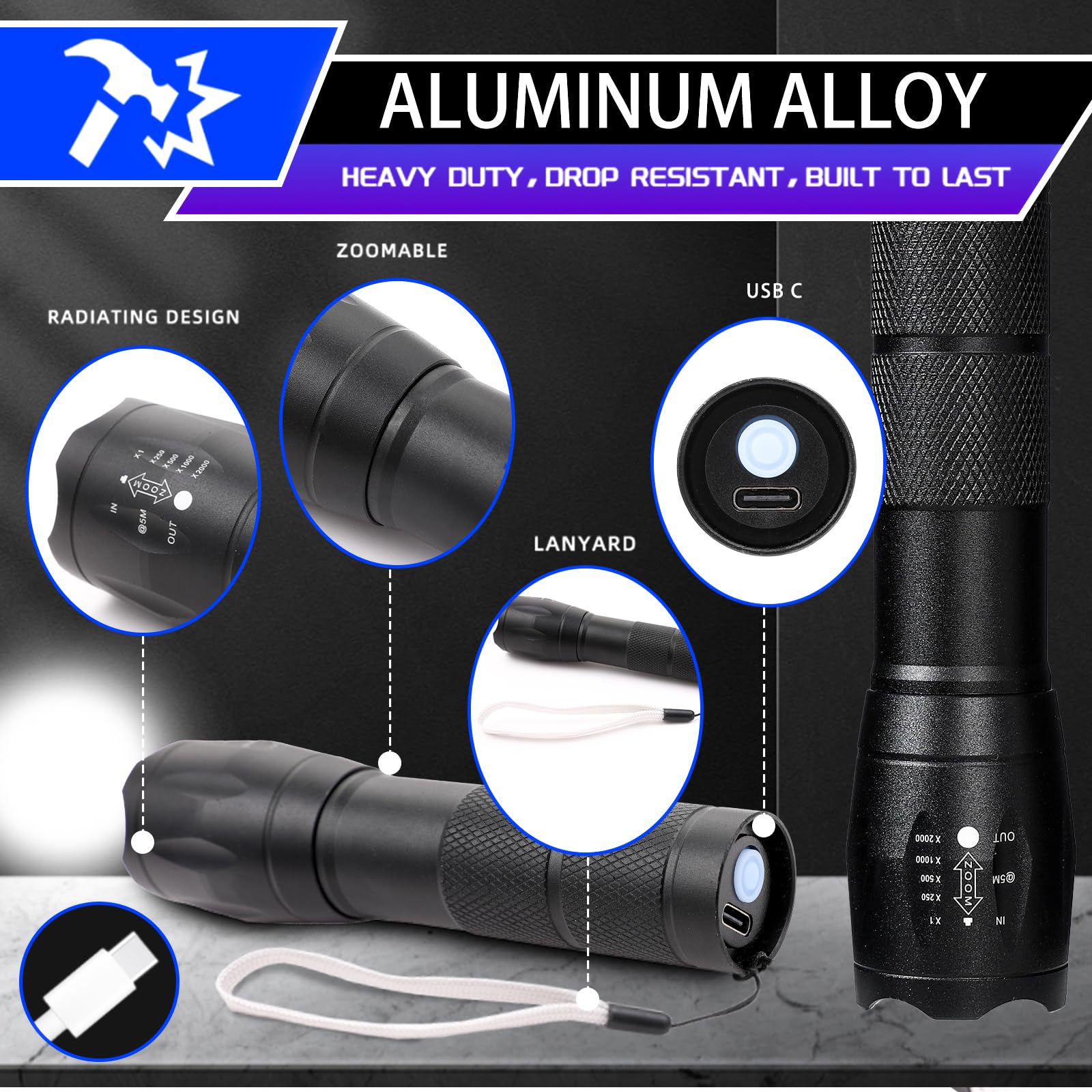 Hilngav 3 Pack LED Rechargeable Flashlights - Super Bright, USB C Charging, Zoomable Beam, Compact Mini Size, Style 4