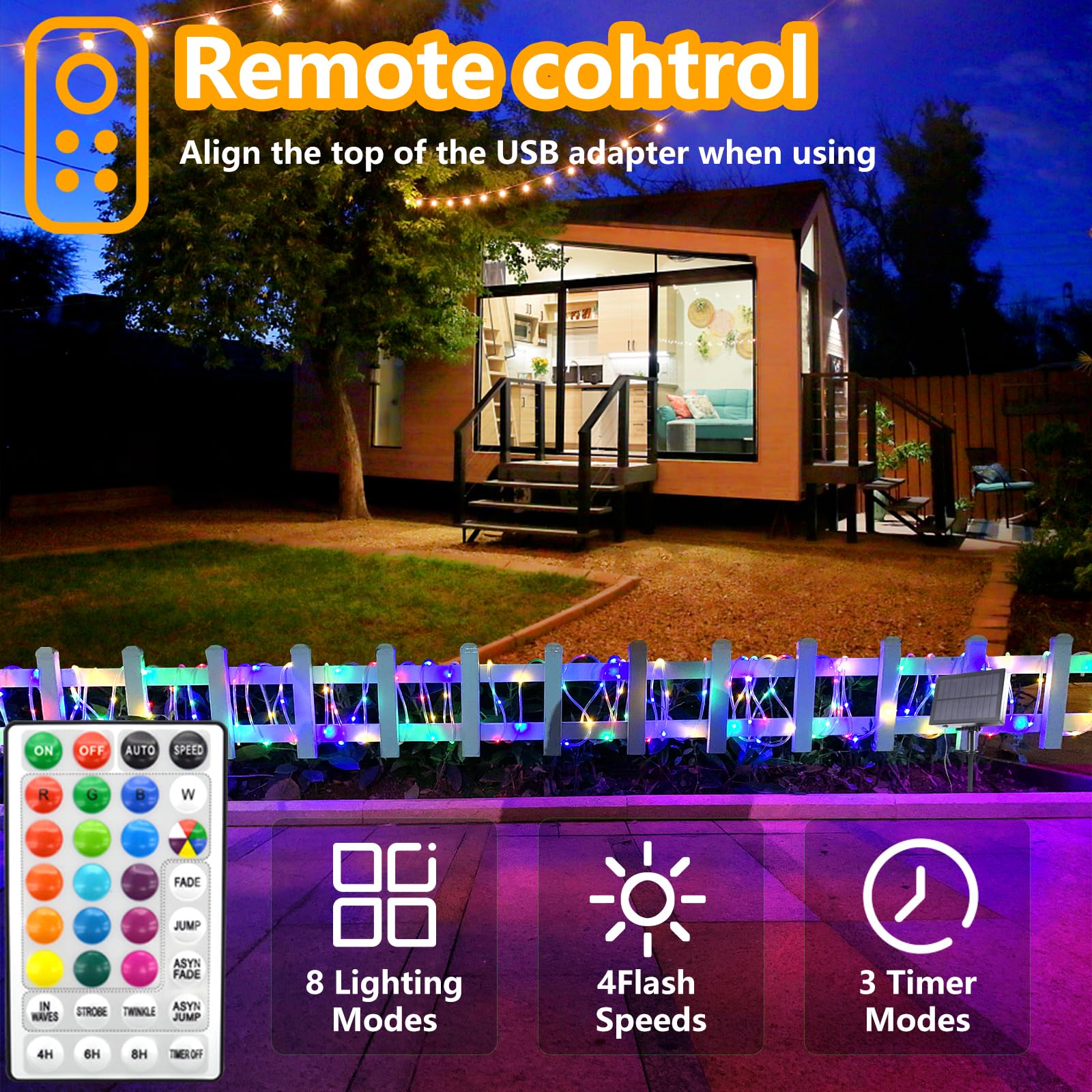 Glpe Solar String Lights Outdoor, 2 Pack    66Ft 200Led Rope Lights Waterproof, Color Changing Led Fairy Lights Solar Powered,Tu