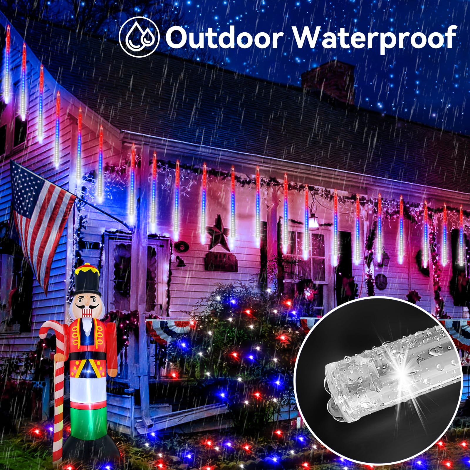 KNONEW 40 Tube LED Lights - Red, White & Blue Meteor Shower, Waterproof Outdoor Decorations for Independence Day, Model KN-1000-LIG168-01