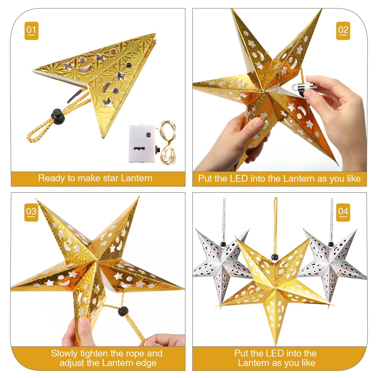 Zhanmai 10 Pcs 3D Christmas Paper Star Lanterns with 20 LED Lights - Gold & Silver Hanging Decoration for Home Decor