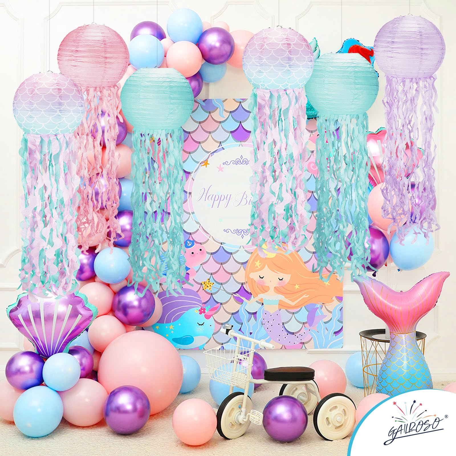 Jellyfish Paper Lanterns 6Pack,10 Inch Mermaid Birthday Decorations Mermaid Scales Pink Lavender Blue With String And Hooks,Hang