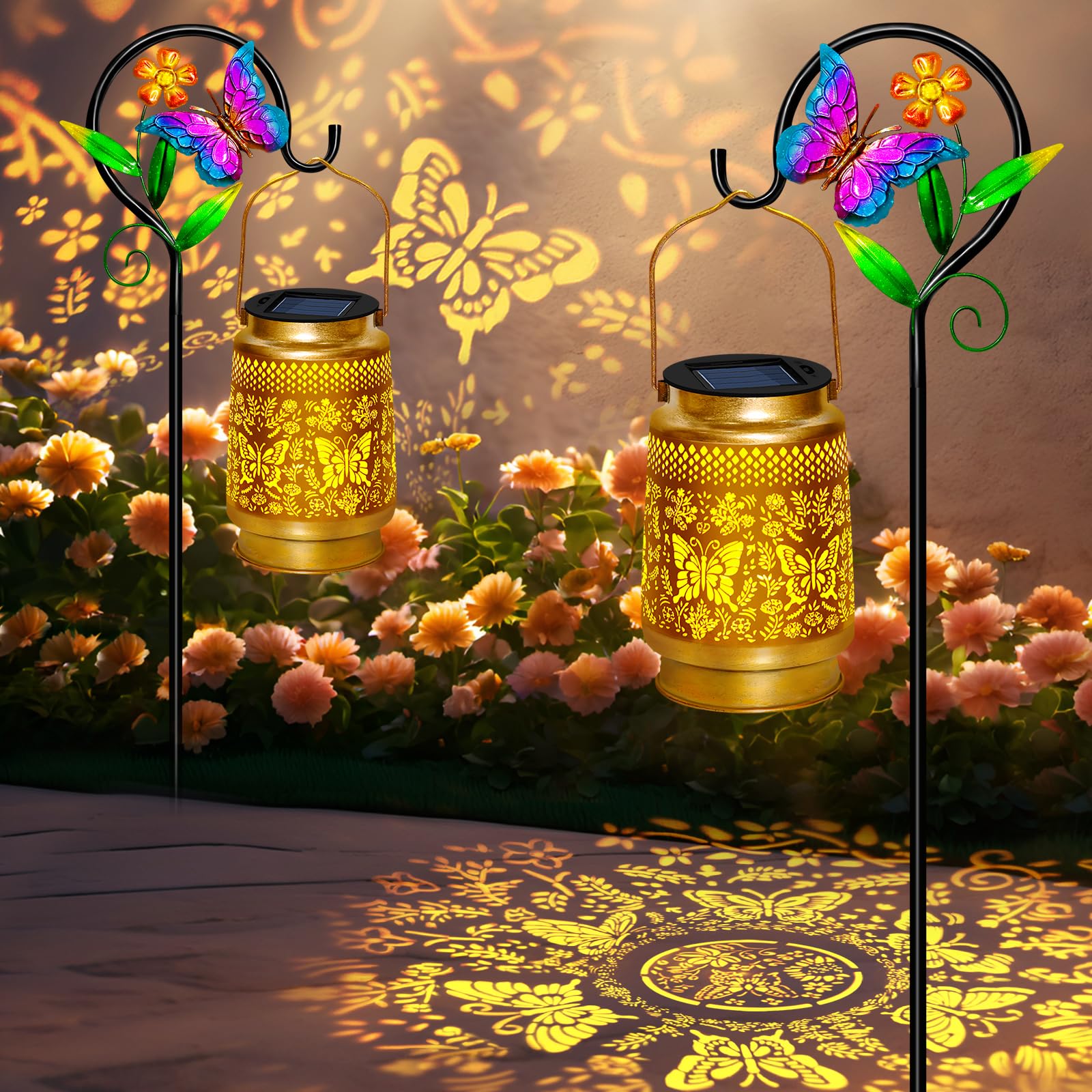 2 Pack Solar Lanterns Outdoor Waterproof,Butterfly Solar Lights Garden Decor Gifts for Mom Women Grandma Decoration Outside for 