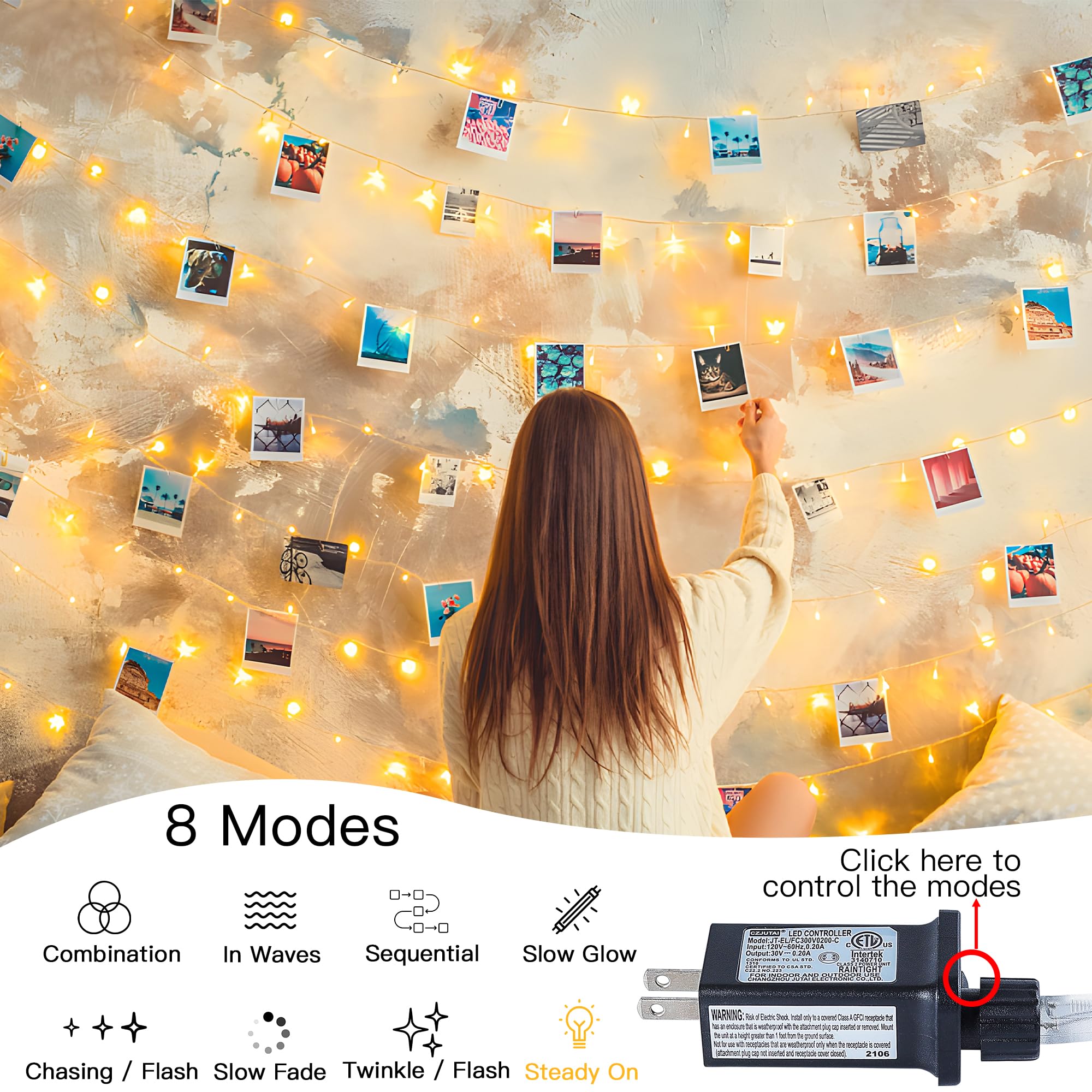MYGOTO 33FT 100 LEDs String Lights Waterproof Fairy Lights 8 Modes Warm White QX-U-O-S-100-A-C