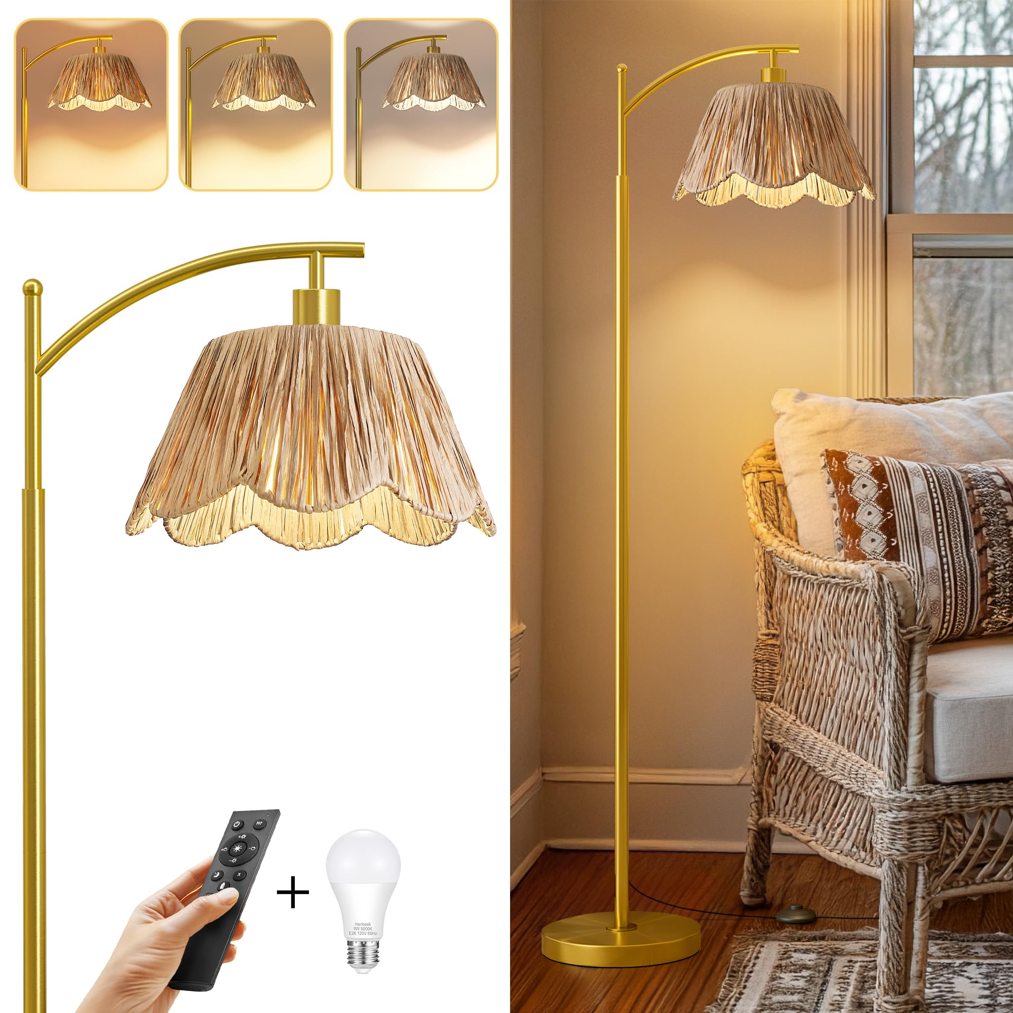Oneach Boho Floor Lamp with 3 Color Temperatures, Farmhouse Floor Lamps for Living Room with Remote & Dimmable Bulb, Rattan Floo