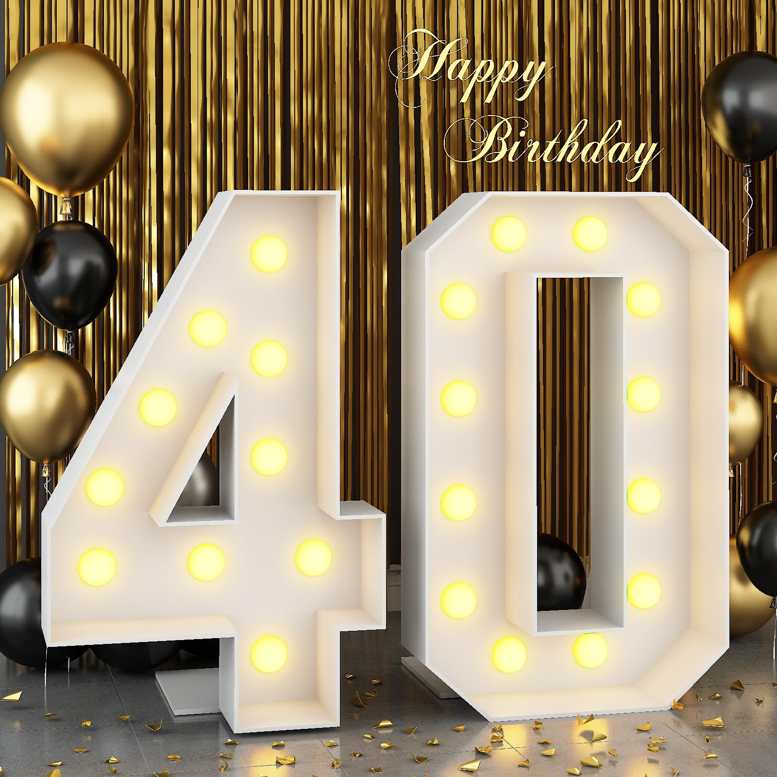 4ft Light Up Numbers 40 Large Numbers with Lights Bulbs White Marquee Frame for Men Women 40th Birthday Party Decorations Anniversary Pre-Cut Mosaic Cardboard Giant Cut-Out Thick Foam Board Sign