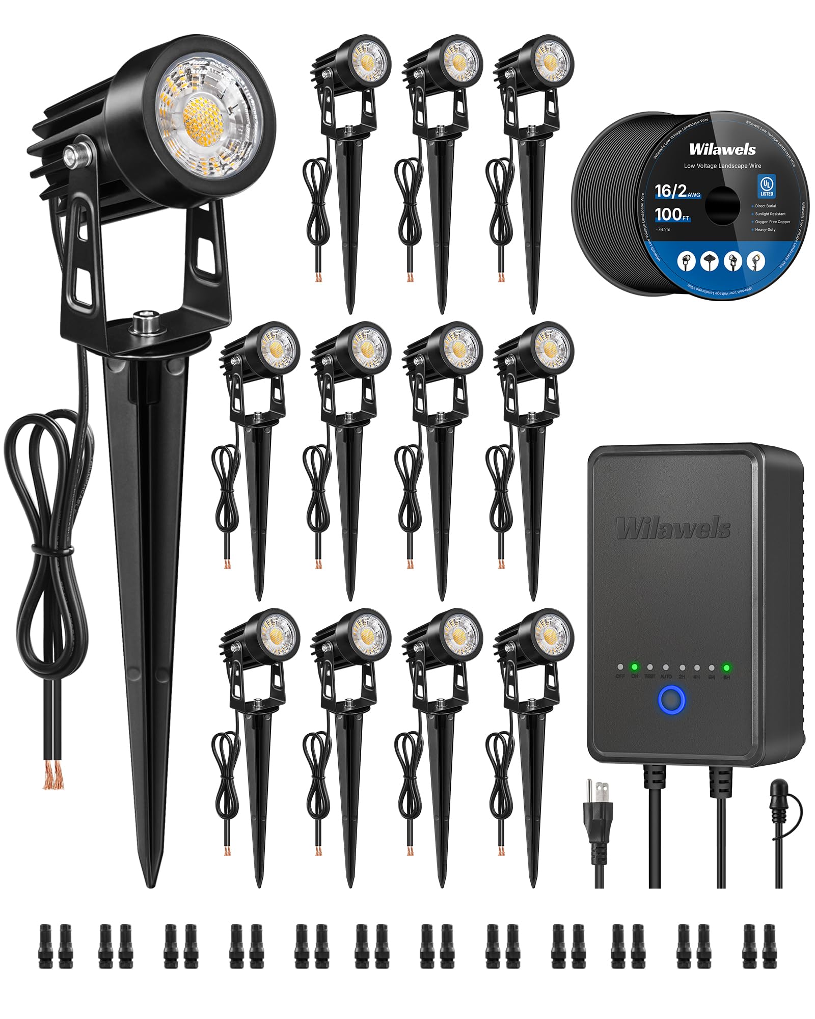 WILAWELS All-in-One LED Low Voltage Landscape Lighting Kit, 12-Pack Landscape Lights with Transformer, 100FT Wire and Connectors