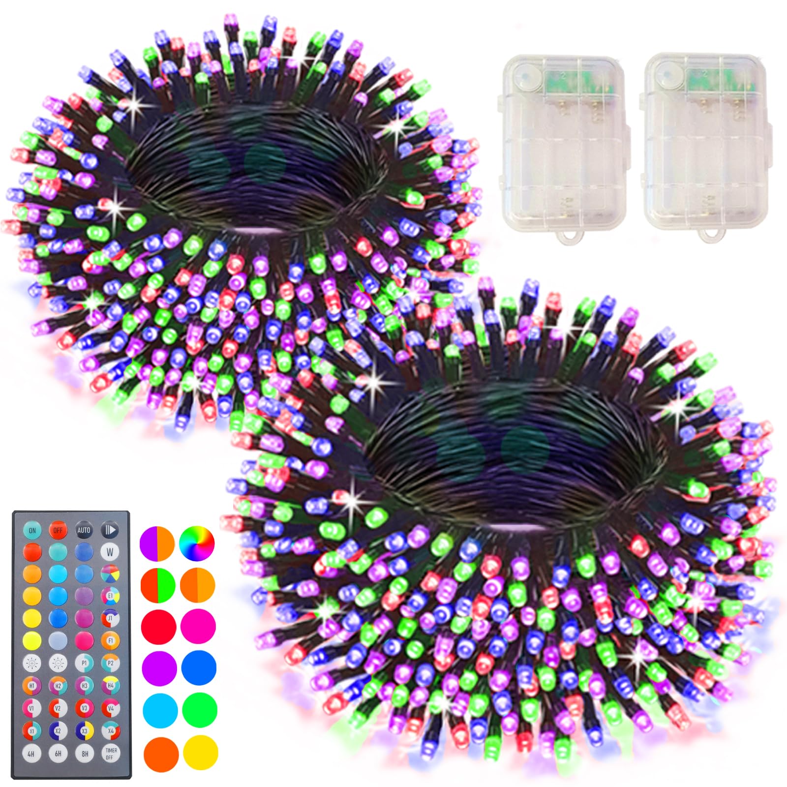 Pooqla Color Changing Christmas Lights, 200 LED Battery Powered String Lights, 66.6 FT, RGB with Remote, 2 Pack