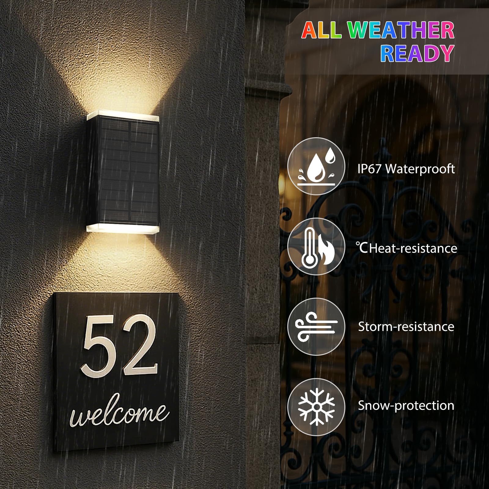 UGDLUCK Solar Wall Lights, IP67 Waterproof, 8 Lighting Modes, 2 Pack, RGB & Warm White, Durable ABS Material, Model CD006