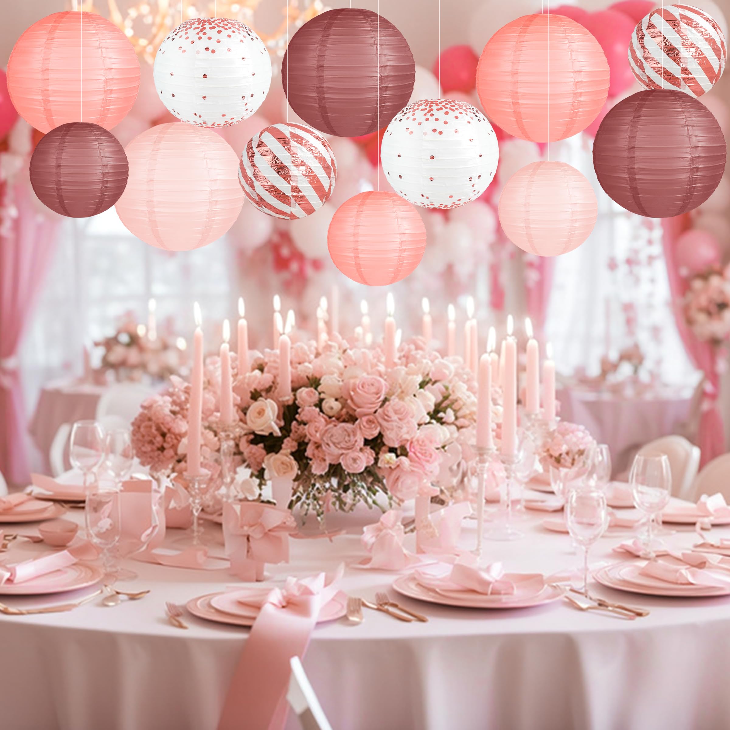 12Pcs Rose Gold Vintage Floral Wedding Hanging Paper Lanterns Decorations Rose Gold Birthday Decorations Bachelorette Bridal Sho