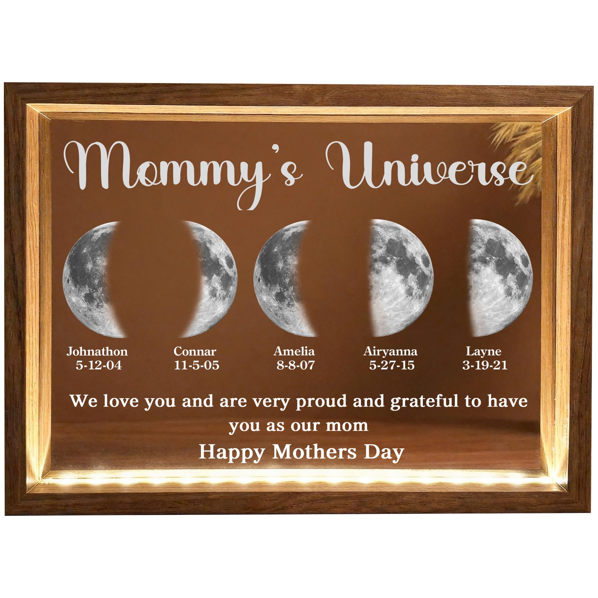 ROSLILY Mommys Universe Light Frame, Personalized Moon Phase Frame with Night Light, Custom Mothers Day Moon Phase Gift for Mo