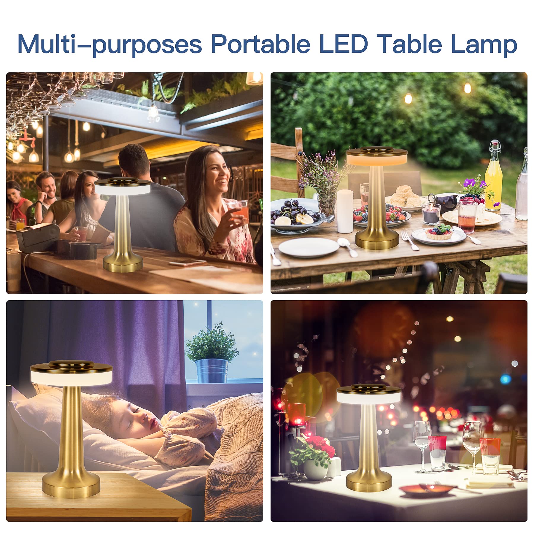 Sunligtgo 3-Way Dimmable Touch Bedside Lamps, Gold 2 Pack, Battery Powered, Glass Shade