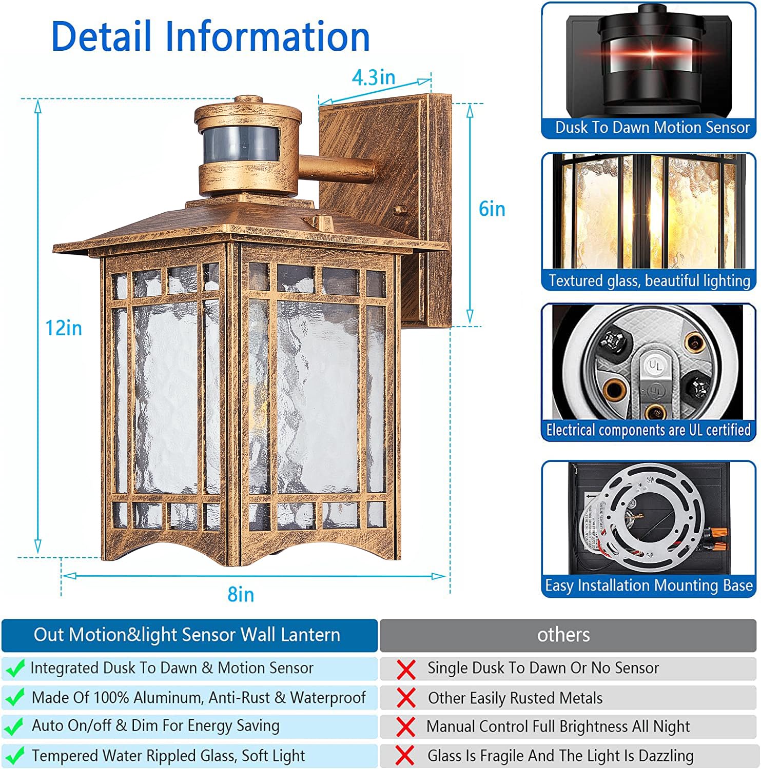 XANGQAN Brown Motion Sensor Outdoor Light Fixture - Waterproof Wall Mount Lantern for Porch, Patio, Garage - Model WY04-GT