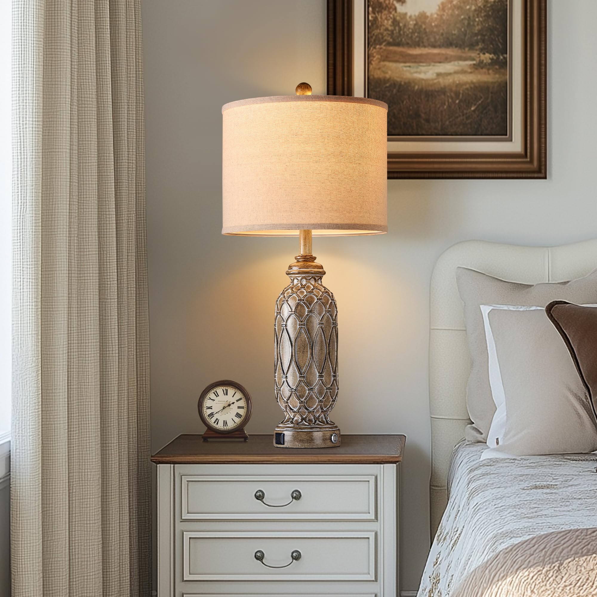 Ireliare Farmhouse Lamps For Bedroom Set Of 2, 28'' Vintagetable Lamps For Living Room With Usb A+C Charging Ports, Touch Lamps