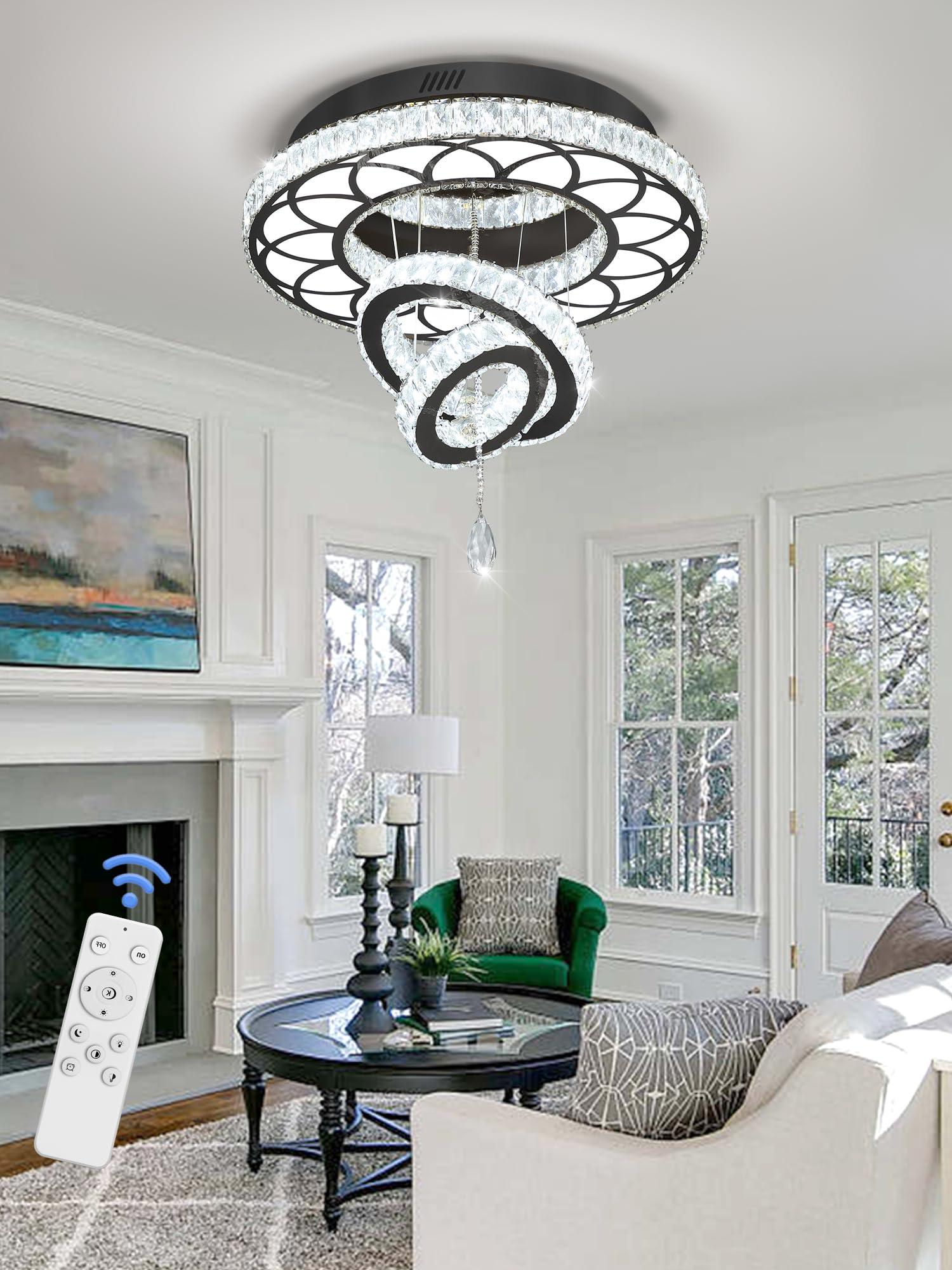 Flashing God 20" Black Crystal Chandelier LED Flush Mount Light - Dimmable 2700k/4500k/6000k for Living Room & Bedrooms, Model MMQ0268