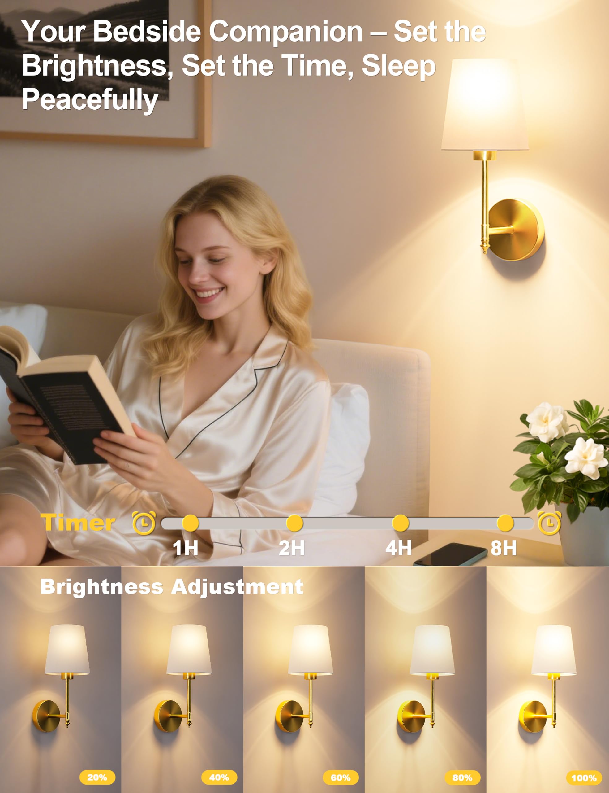 JOFIOS Battery Operated Wall Sconce Set of 2, 14.5 inch Gold Metal Wireless Sconces with Remote and Dimmable Bulbs, Model JFS61310