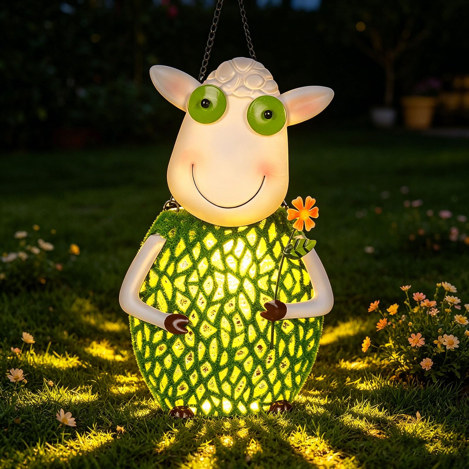 Solar Lanterns for Outside Hanging with Warm LED Lights Sheep Metal Yard Decorations Outdoor Unique Gift for Patio Garden Decor