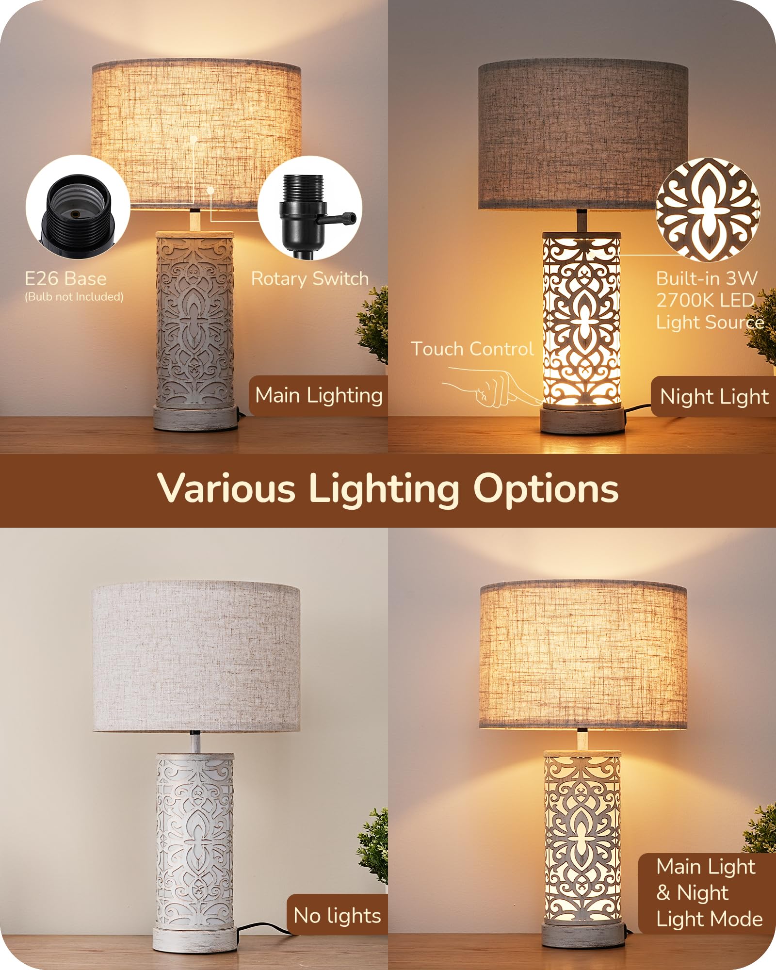 EDISHINE 21.65 Farmhouse Table Lamp Set of 2, Touch 3-Way Dimmable Vintage Nightstand Lamp with A+C USB Ports, Bedside Lamp with