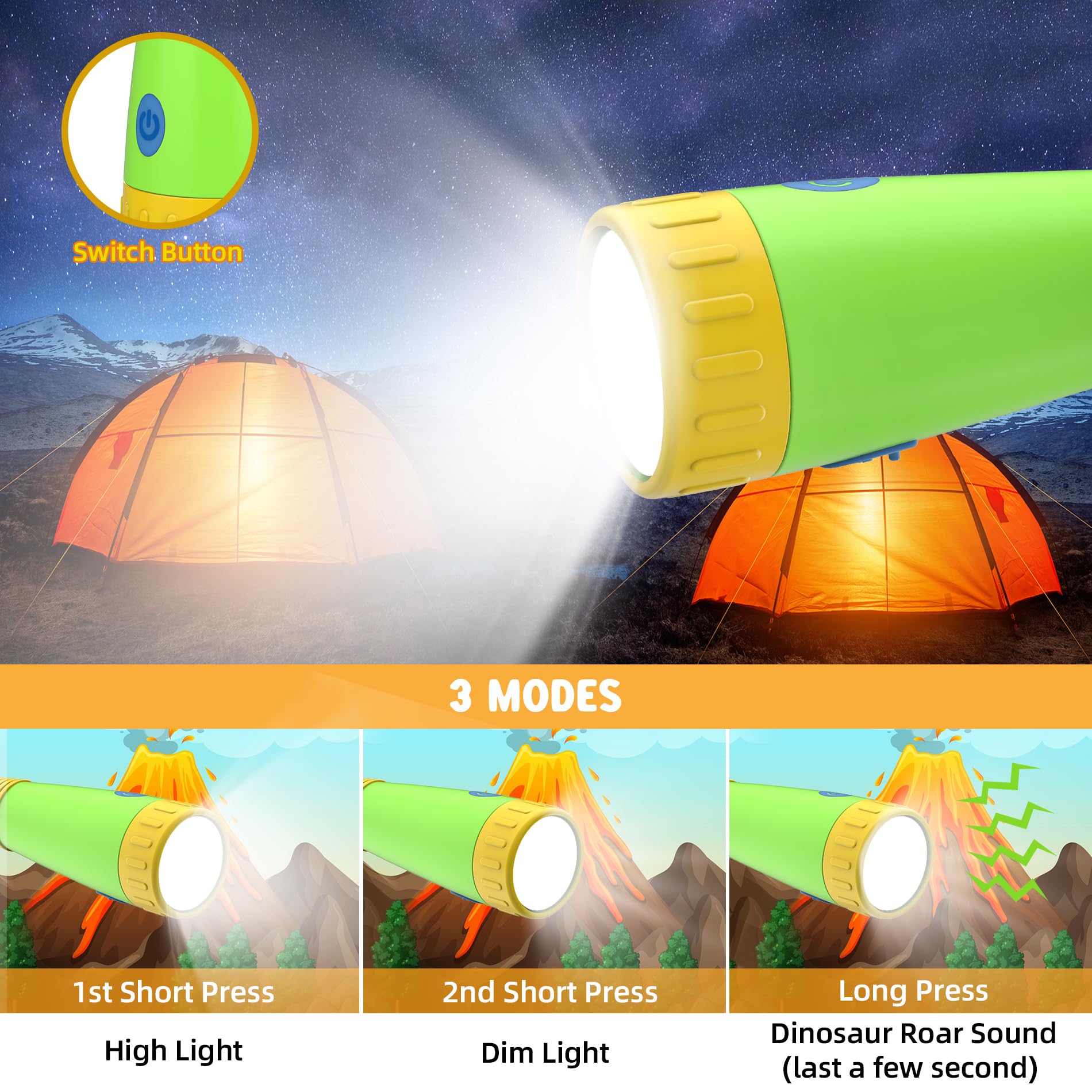 AUKSKY Dinosaur Flashlight for Kids, Rechargeable Dino Lantern, Green, Model DF-01, Perfect for Camping and Holidays
