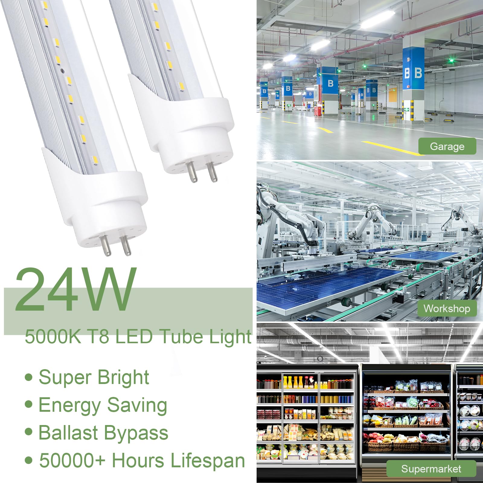 Nimgoti 25-Pack T8 LED Bulbs, 4ft 24W 3200LM 5000K Daylight, Ballast Bypass, G13 Base, Clear