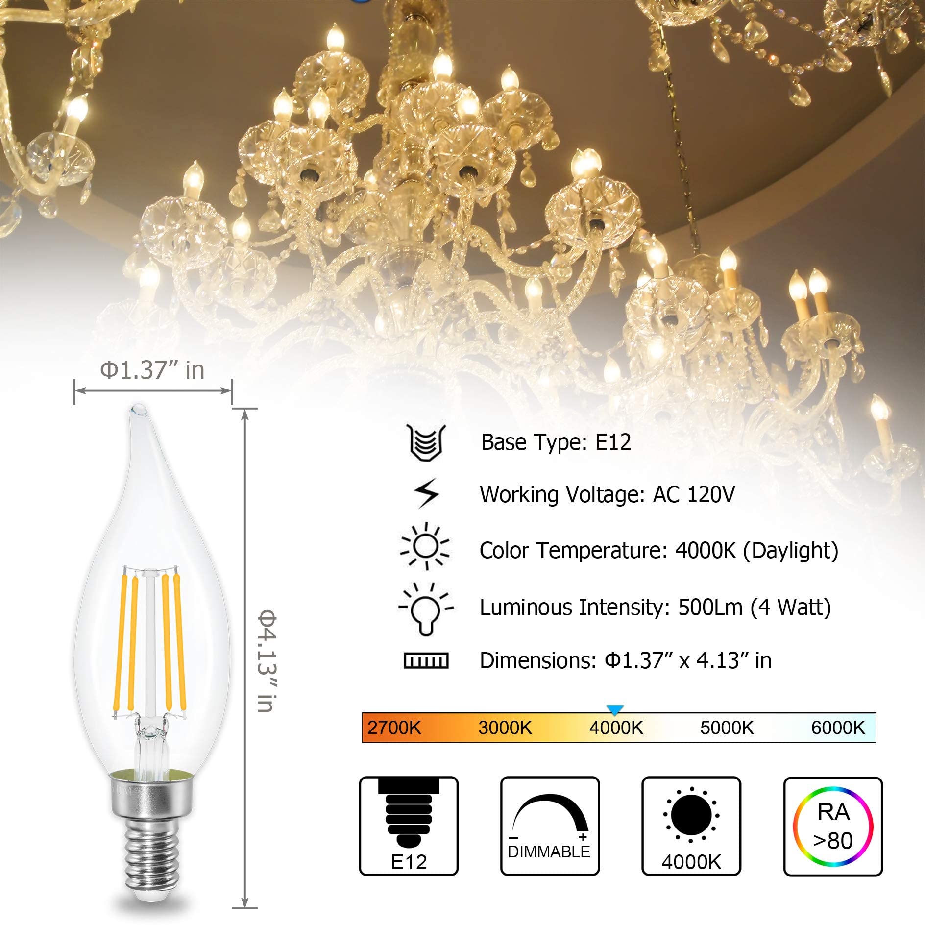 Sailstar Dimmable E12 Candelabra Bulb 60 Watt Equivalent, E12 Led Bulb 4000K Natural Daylight, Ca10 Candelabra Led Light Bulbs F