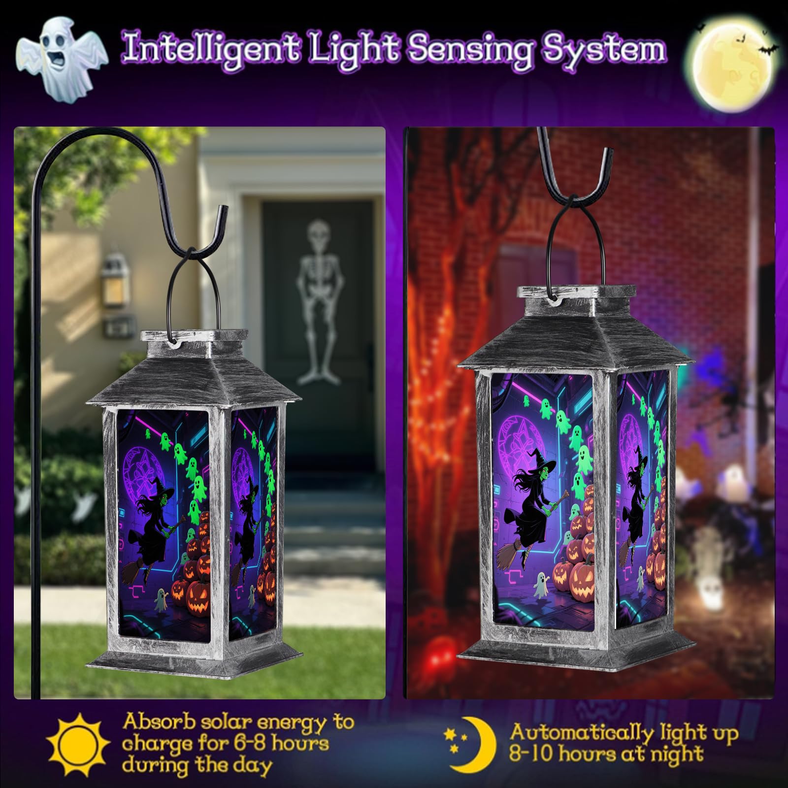 Halloween Decorations Outdoor Solar Lanterns Hanging Ghosts Solar Lantern Party Decorations Halloween Decor Gifts For Porches Yards Gardens Lawn(Witch And Ghost Pumpkin)