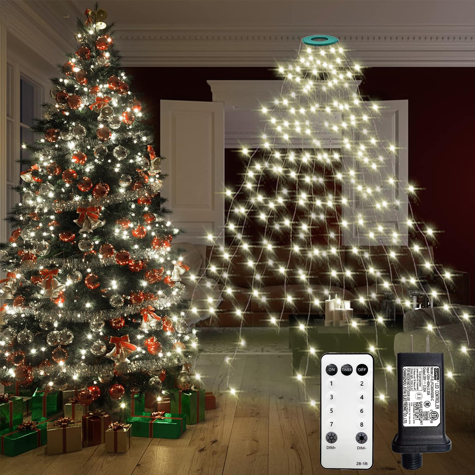 Christmas Tree Lights With Ring 9.9Ft 16 Line 544 Led Green Wire Fairy Waterfall String Light Plug In Dimmable Cascading Twinkle Lights With 8 Lighting Modes For Indoor Outdoor Xmas Tree(Cool White)