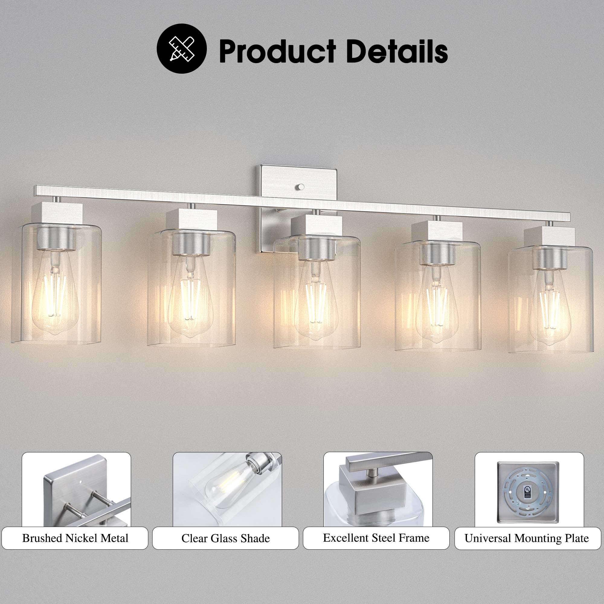 Espird 5 Light Bathroom Vanity Light - Brush Nickel Metal Fixture, 31 Inch Square Design, UL Certified for Bathroom & Bedroom