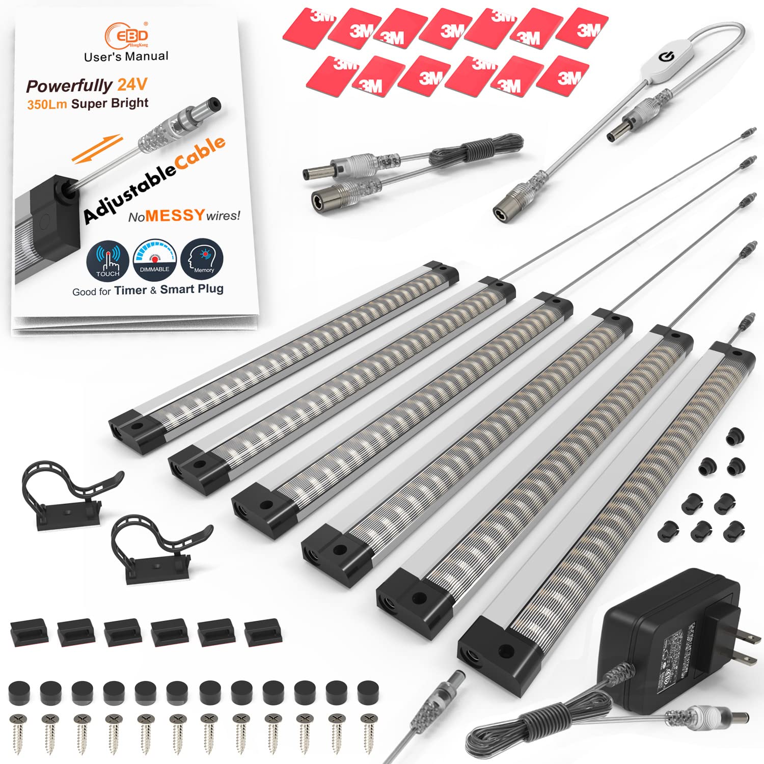 EBD Under Cabinet Lights Touch LED Under Cabinet Lighting Built-in Adjustable Cable No Messy Wires! 6 Pcs Super Bright Light Bar