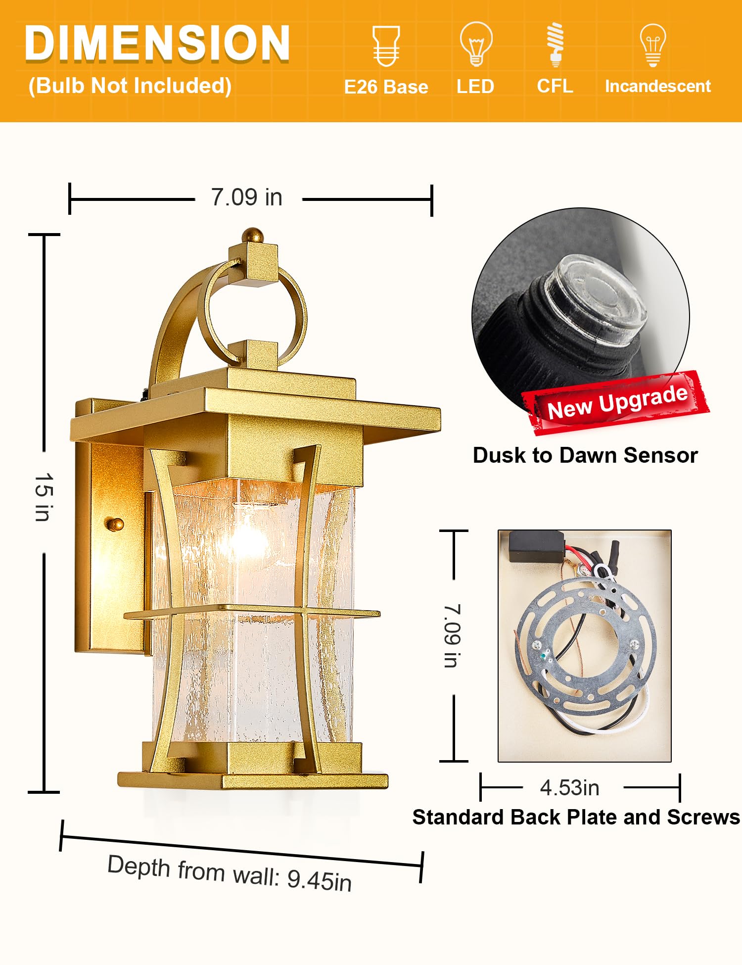 EERU Gold Outdoor Wall Lantern with Photocell Sensor, Large Metal Sconce, Waterproof, Seeded Glass for House, Patio, Garage
