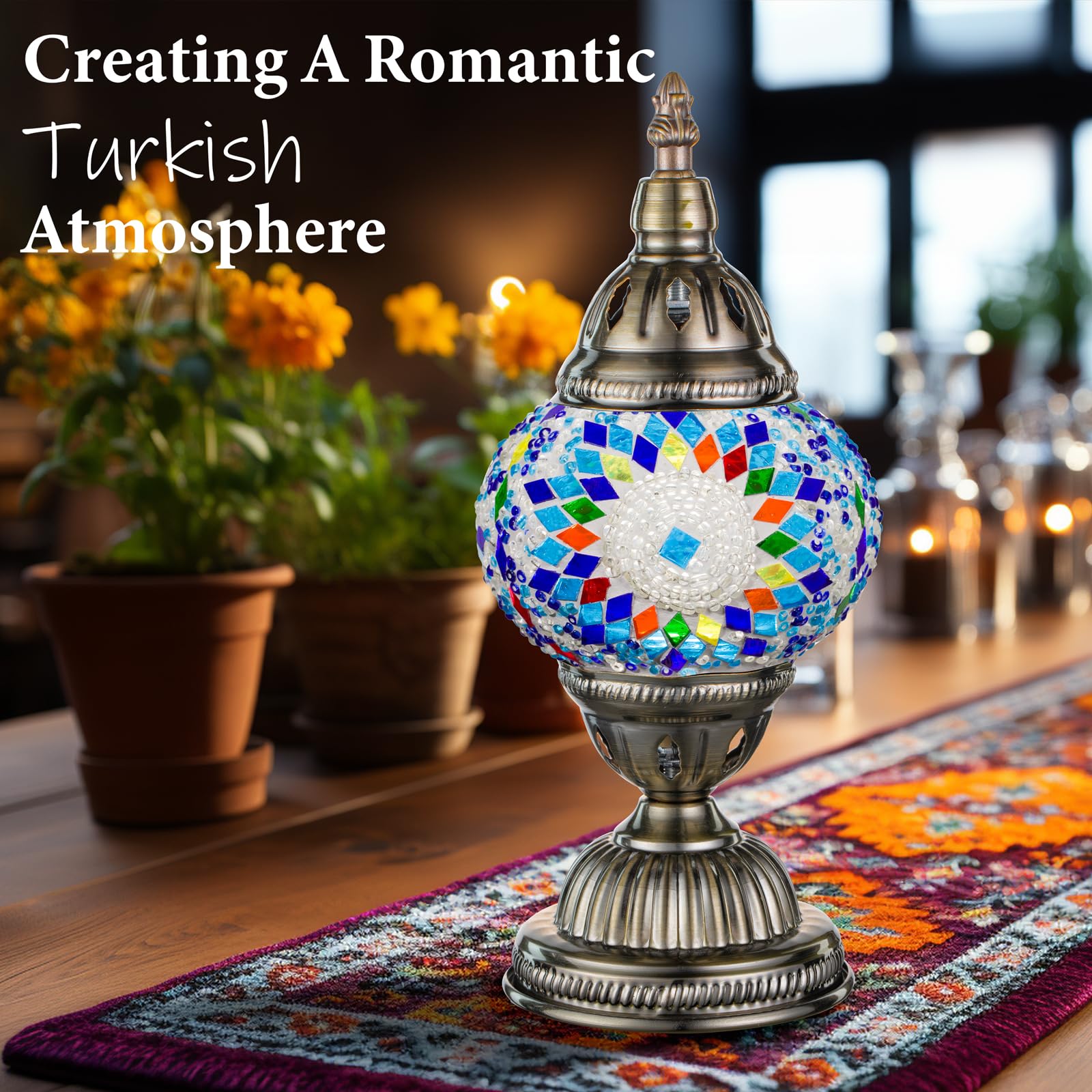Marrakech Turkish Table Lamp, Handmade Blue Mosaic Glass, Includes LED Bulb, Small Size, Model YMA400-TH01-TowerA-Blue