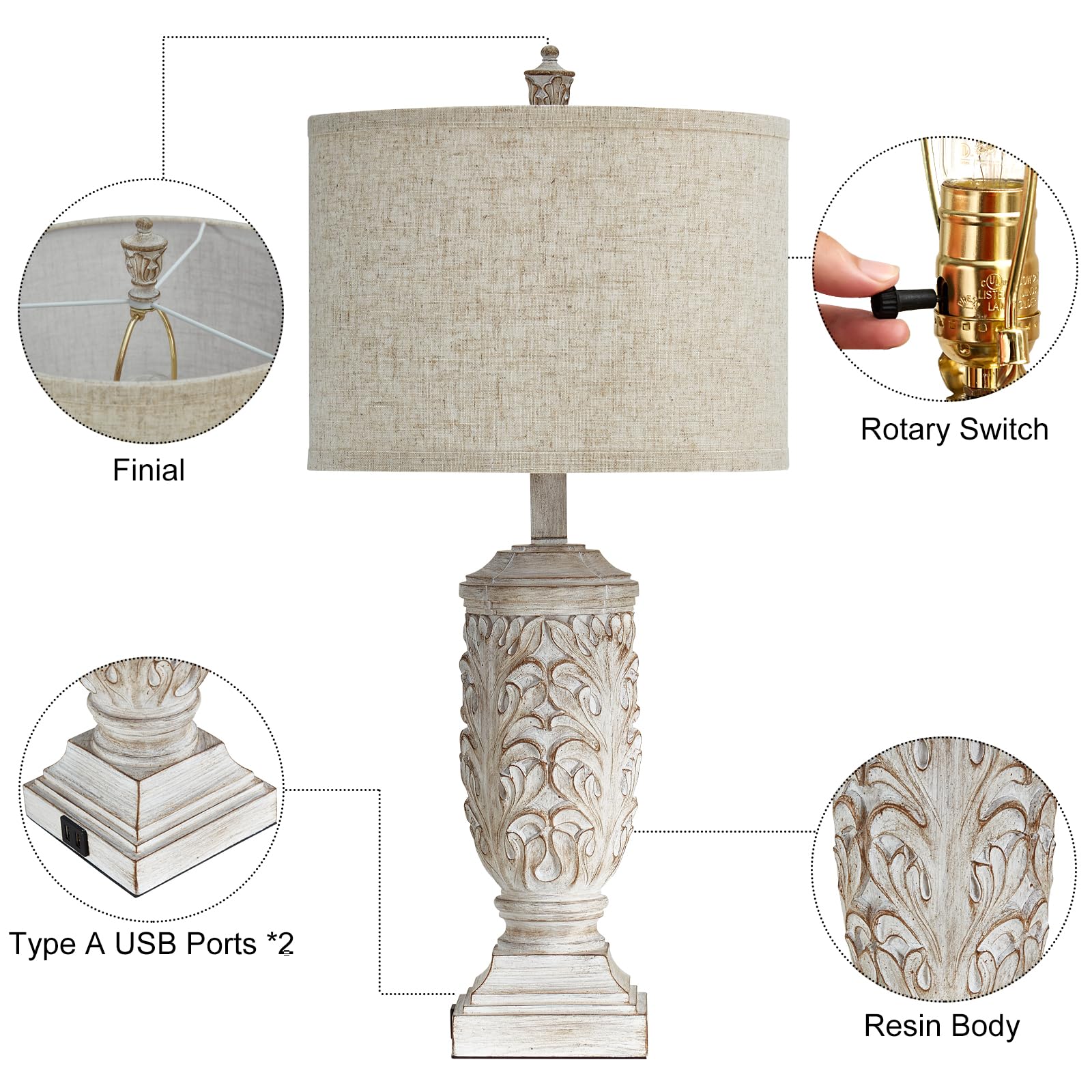 Fullarge Set Of 2 Farmhouse Table Lamps, 27.5&quot; Rustic Usb Nightstand Lamp, White Resin