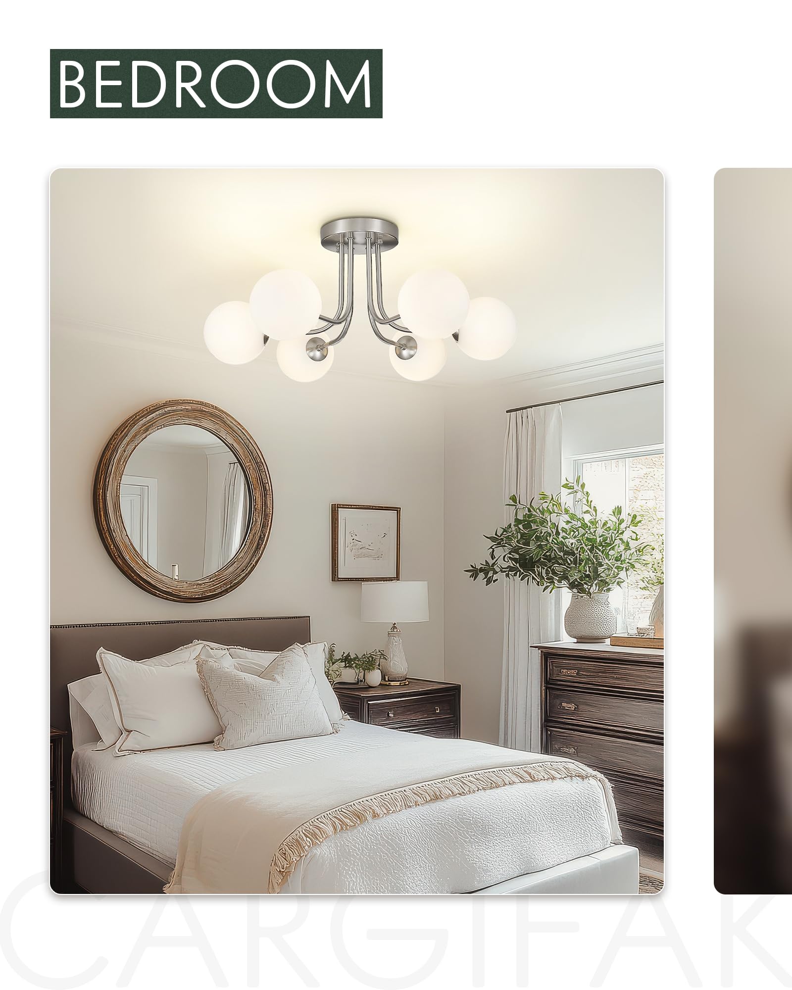 Cargifak Brushed Nickel Ceiling Light In Modern Farmhouse Design Features 6 Frosted Glass Shades, Ideal For The Living Room, Bed