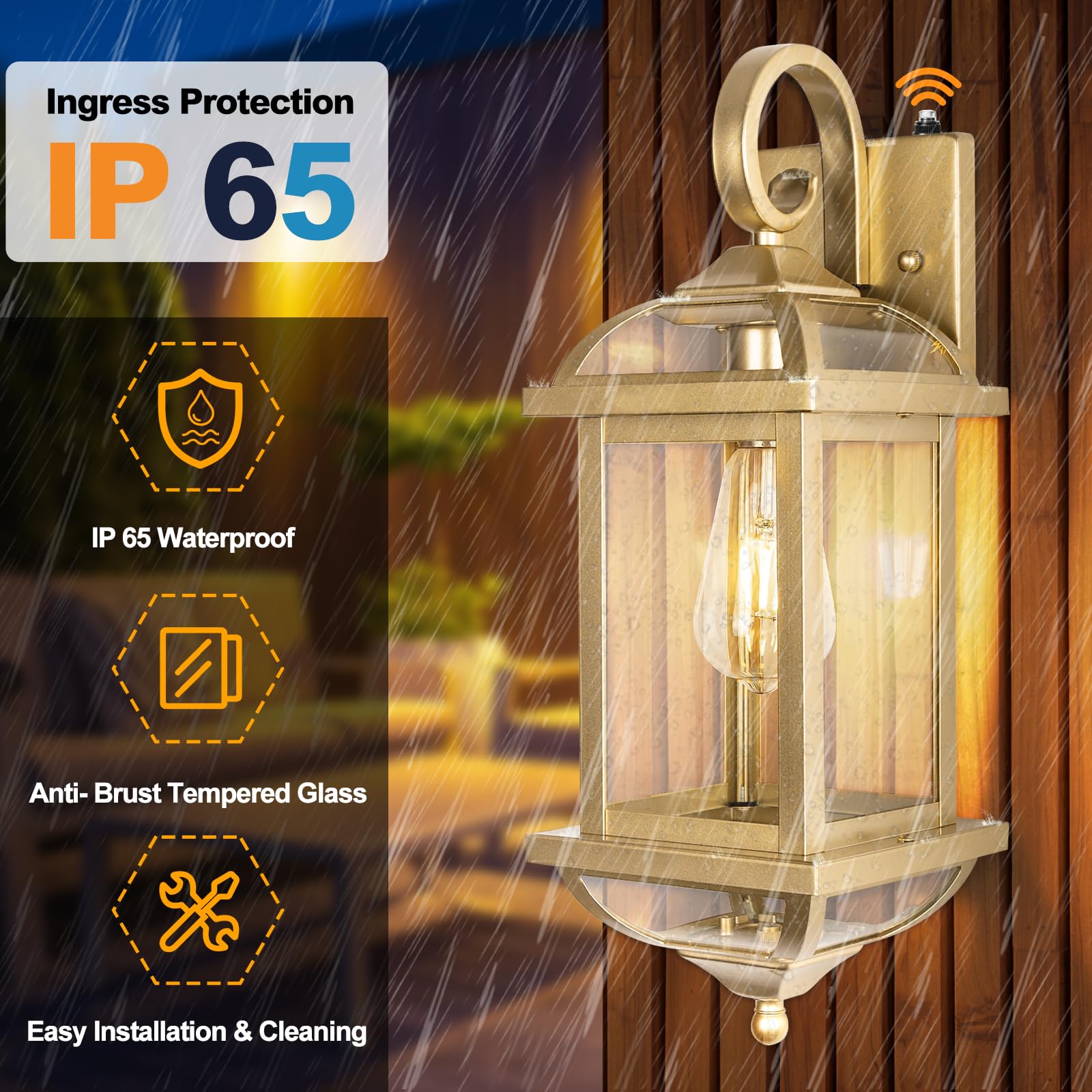 Roravilila Golden Outdoor Sconces 2-Pack, Ip65 Waterproof Aluminum Wall Lanterns With Dusk To Dawn Sensor