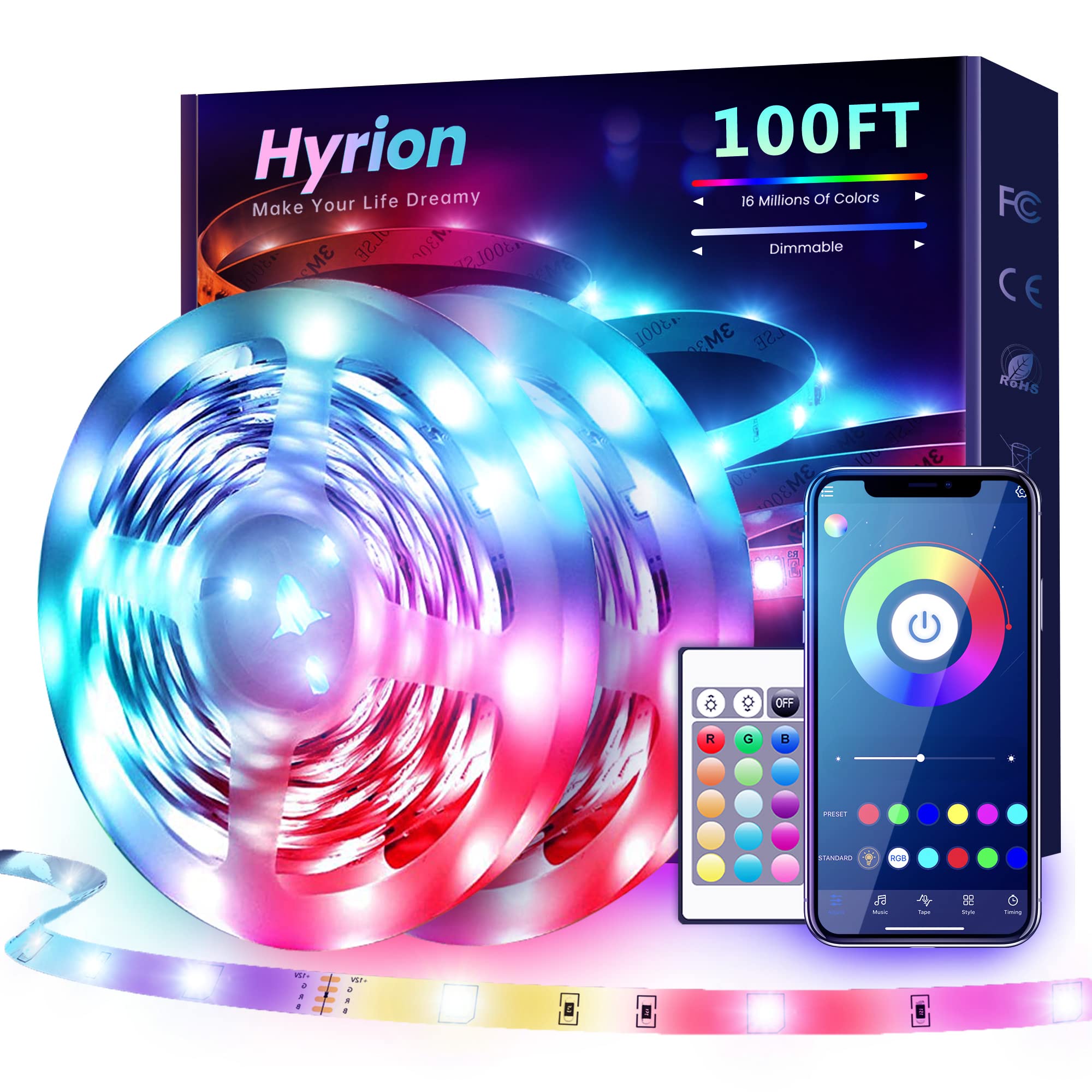 Hyrion 100 Ft Bluetooth Led Strip Lights,Music Sync Color Changing Lights Strip,5050 Rgb Led Lights With Remote,Smart Phone App
