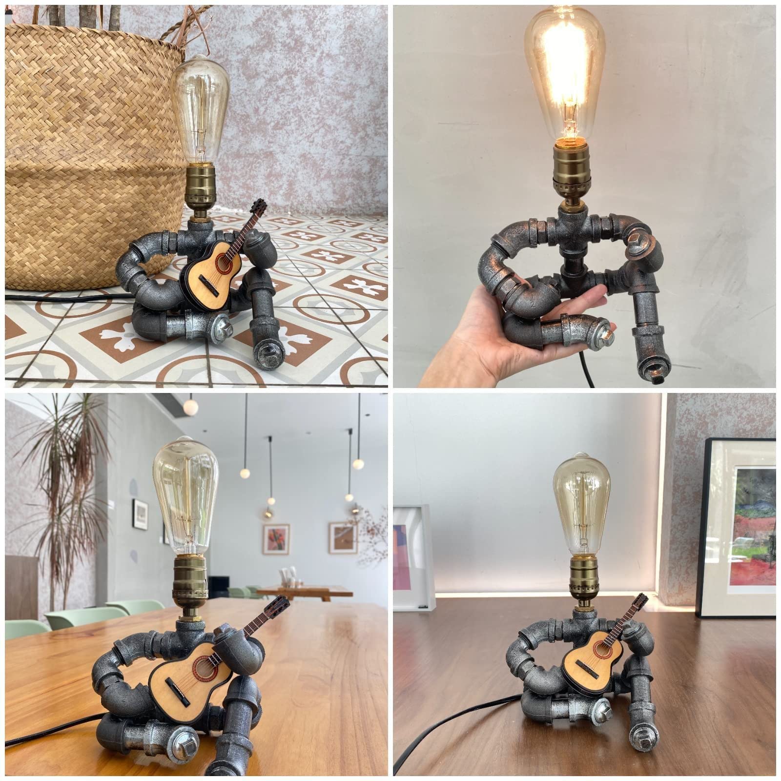 Wibota Music Guitar Table Lamp Art Decor Guitar Stuff Cool Gifts For Music Art Lovers Microphone Players For Men Steampunk Pipe Man Edison Bulb Lamps Retro Guitars Metal Pipe Industrial Robot Lights