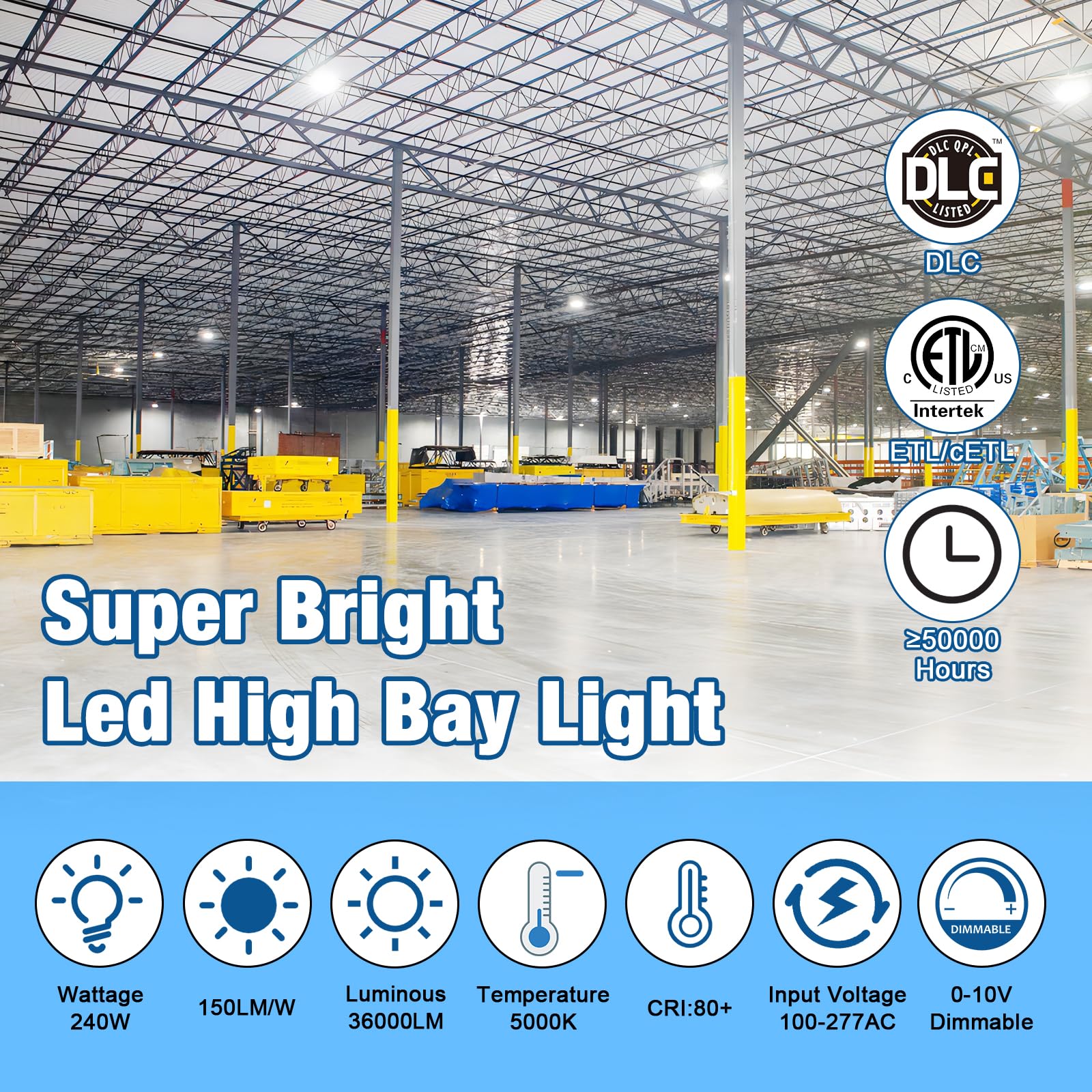 Led High Bay Light Super Bright Dimmable Ac100-277V 240W 36000Lm 5000K Dlc/Etl Listed Lights 6Ft With Us Plug High Bay Led Light