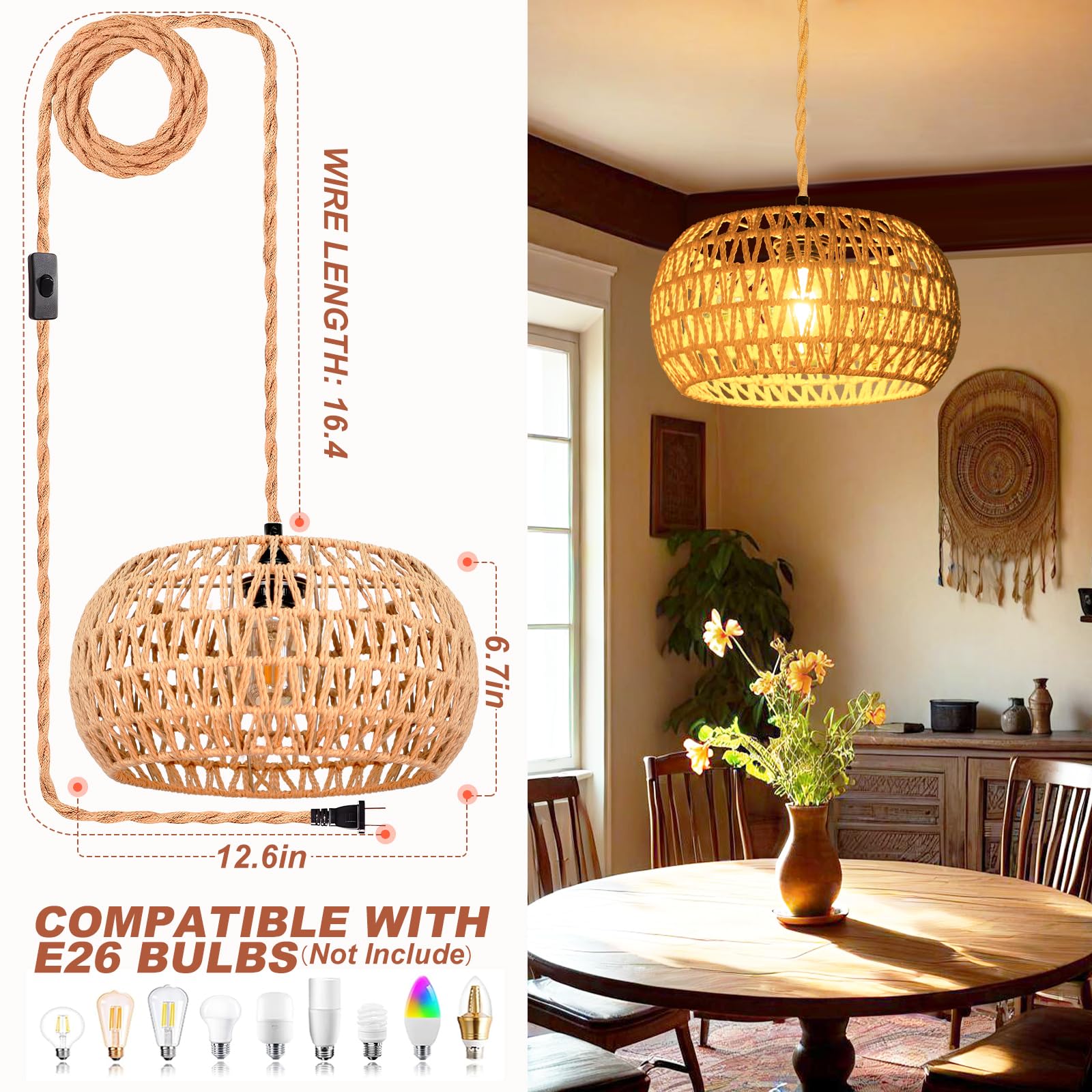 Eqquorva Plug In Pendant Light,Rattan Hanging Lights With Plug In Cord,Handmade Hanging Lamp Plug In,Rattan Light Fixtures Ceiling Hanging For Living Room Bedroom
