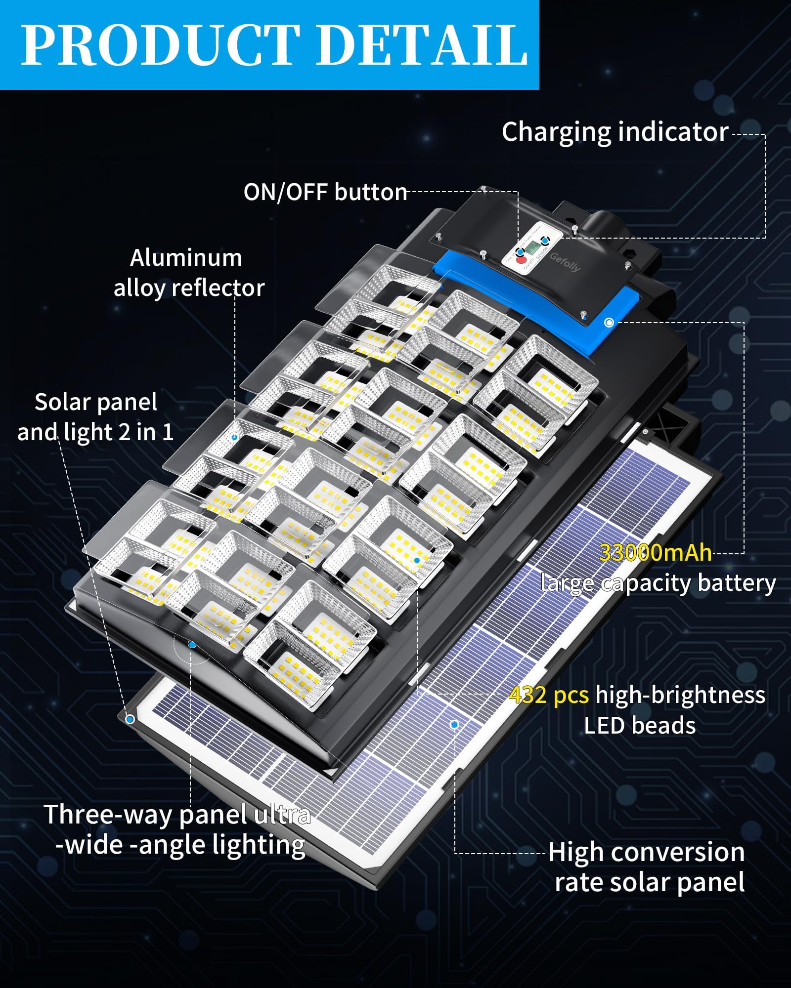Gefolly SL-6000W Solar Street Light, 600000LM Dusk to Dawn, IP67, Aluminum, Black, Outdoor Flood Security Light