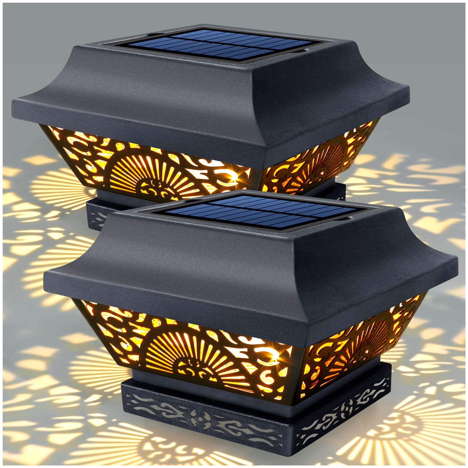 Denicmic Solar Post Lights 2 Pack - Waterproof Metal Led Cap Lights For Wooden Fence Posts, Black