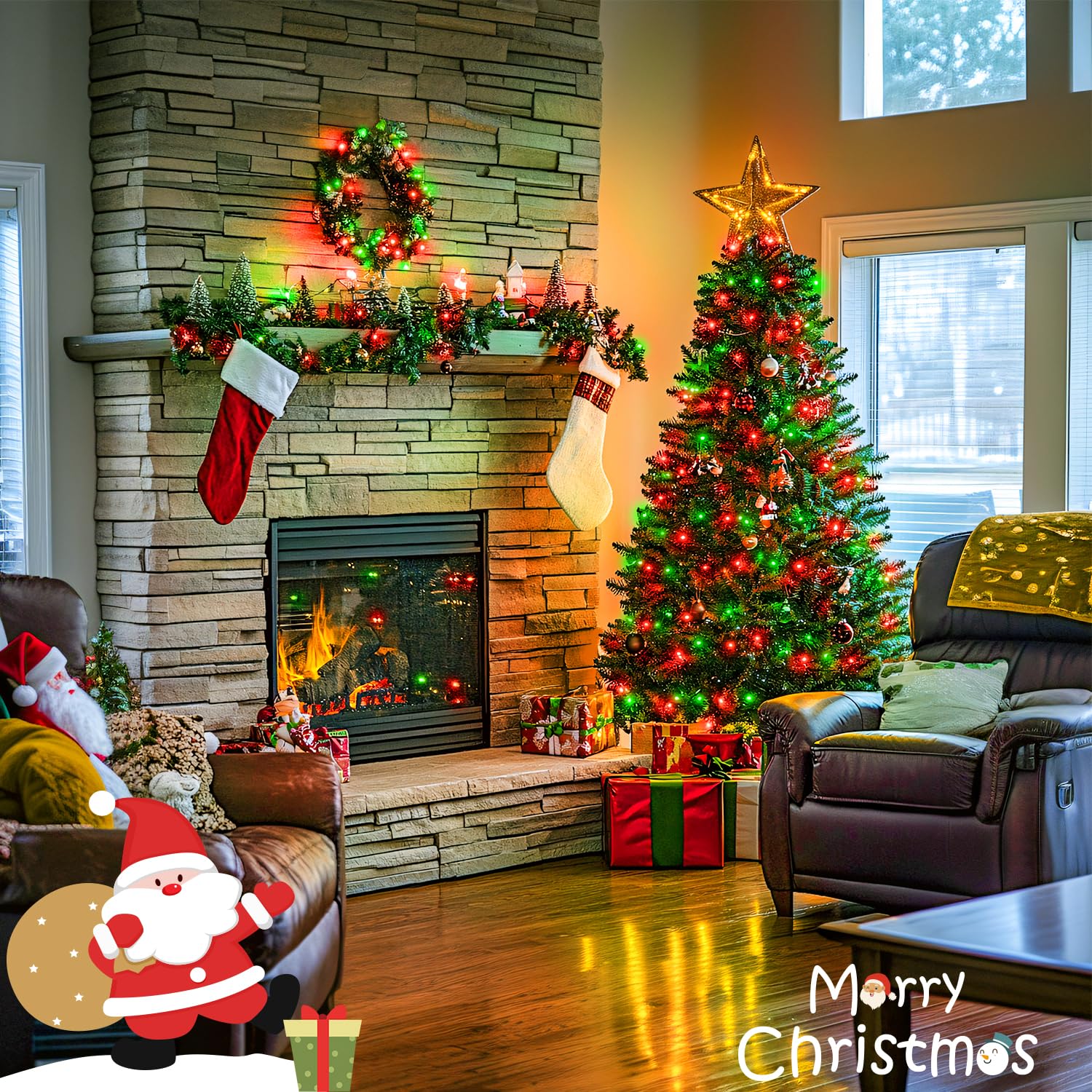 Jmexsuss Connectable Red And Green Christmas Lights, 8 Modes 100 Led Twinkle String Lights Indoor, Clear Wire Plug-In String Lig